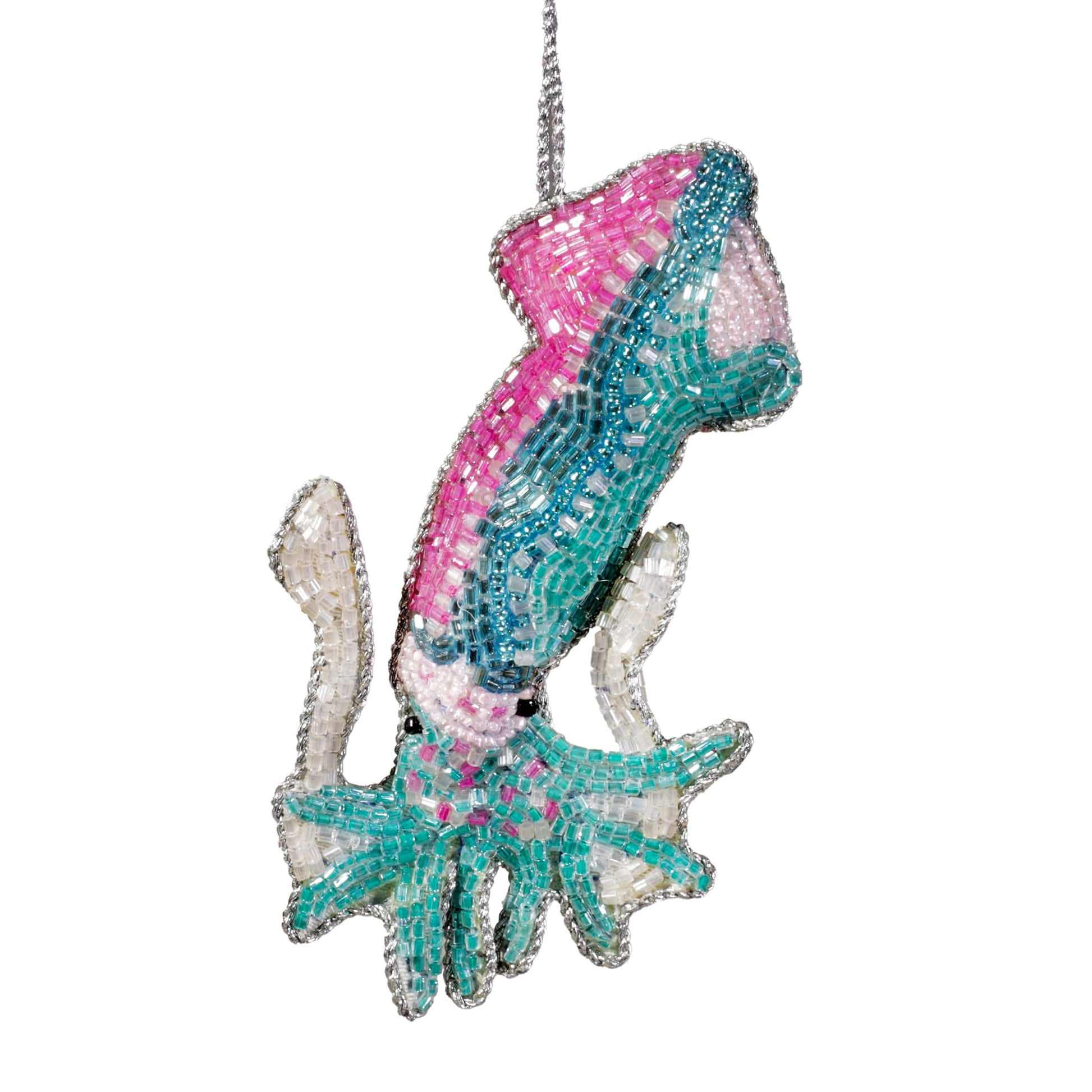 A beaded squid decoration featuring pink, turquoise, white, and silver glass beads, with delicate detailing and a hanging silver thread.