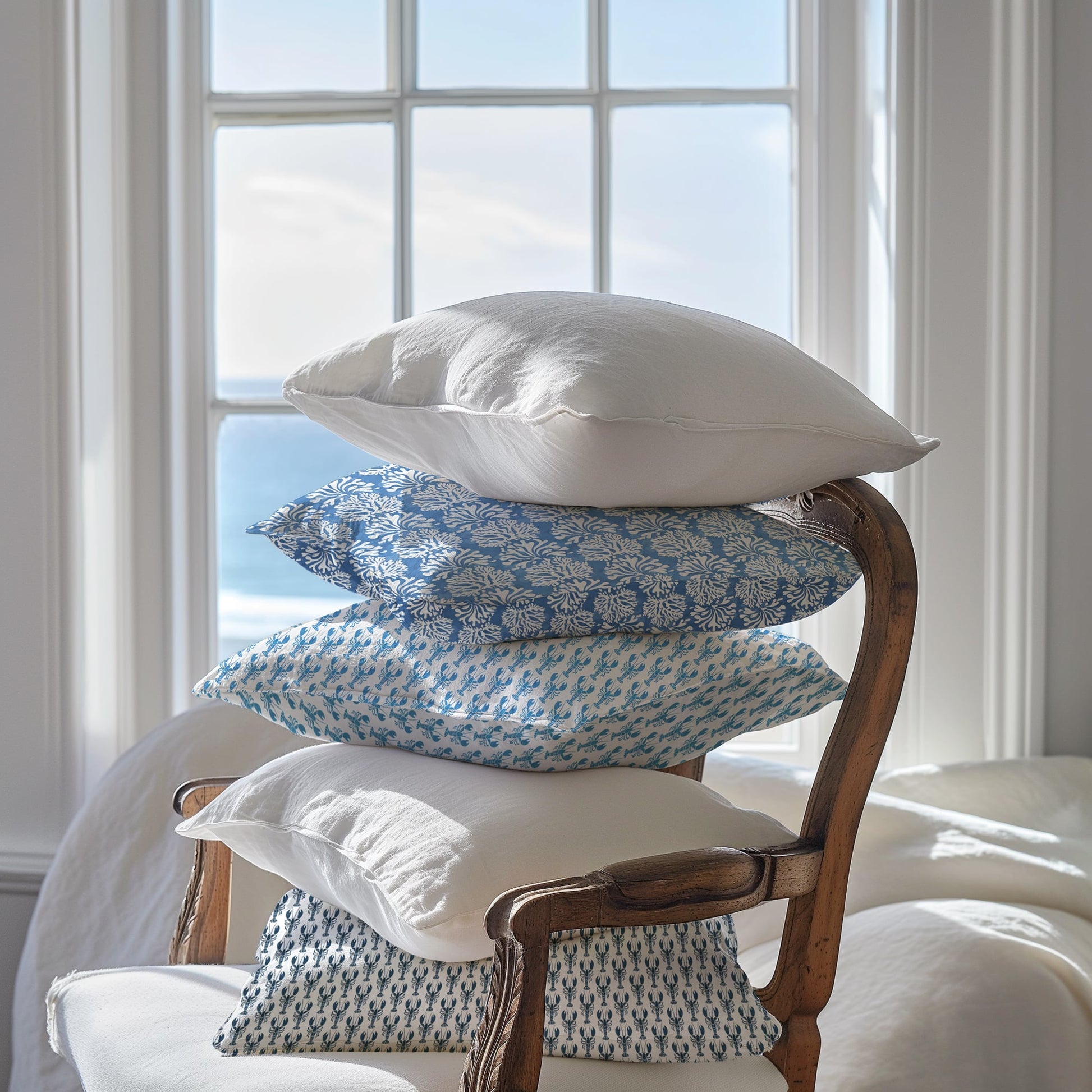 A stack of five cushions artfully balanced on a vintage wooden armchair in front of a large sunlit window with a view of the ocean. The cushions feature a mix of plain white and blue coastal-inspired patterns, including delicate coral and sea life motifs. Soft natural light fills the room, creating a serene and airy atmosphere.

