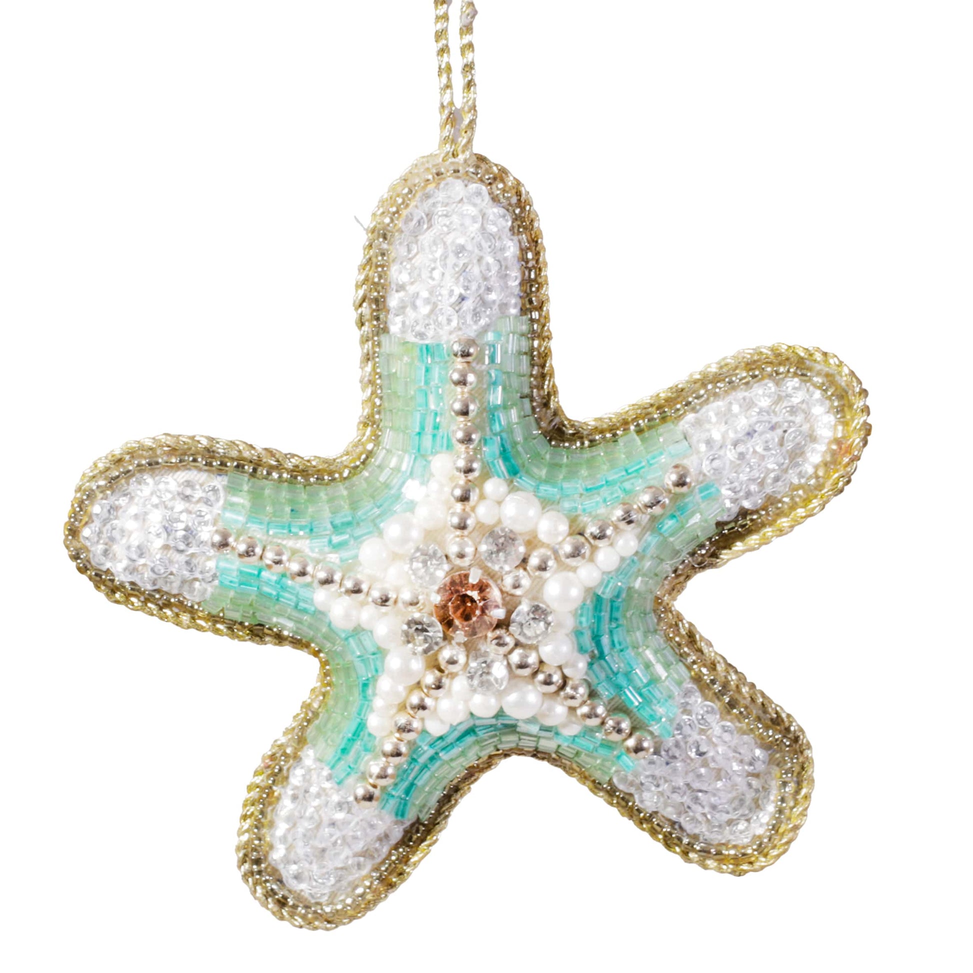 A beaded starfish decoration with turquoise, white, and gold detailing, featuring pearl and crystal accents and a gold hanging thread.