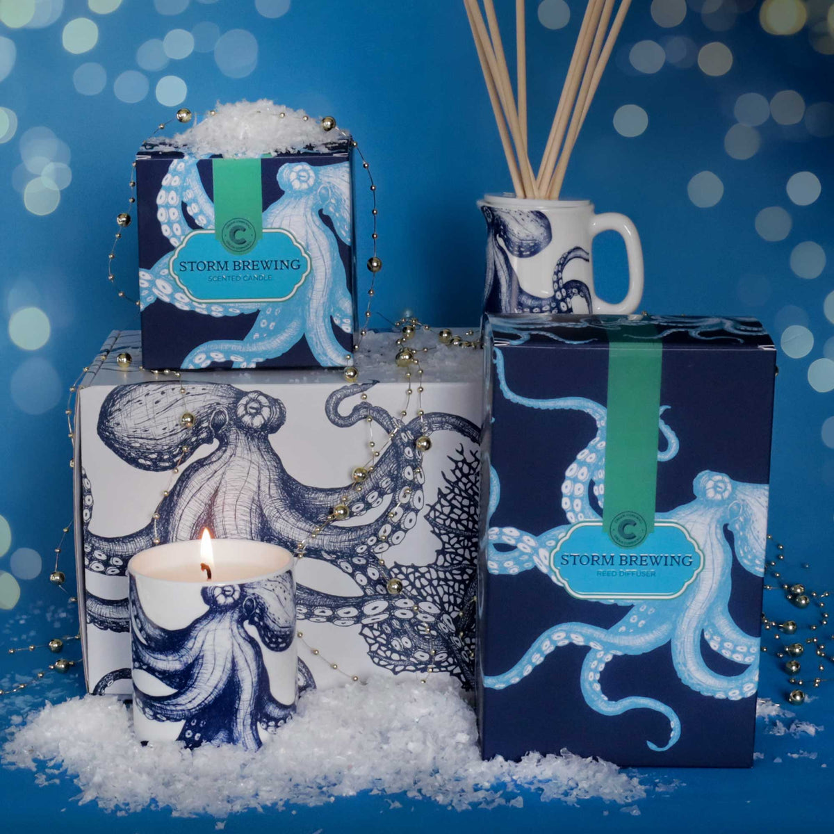 Cream Cornwall storm brewing candle m& diffuser hamper with gift box.