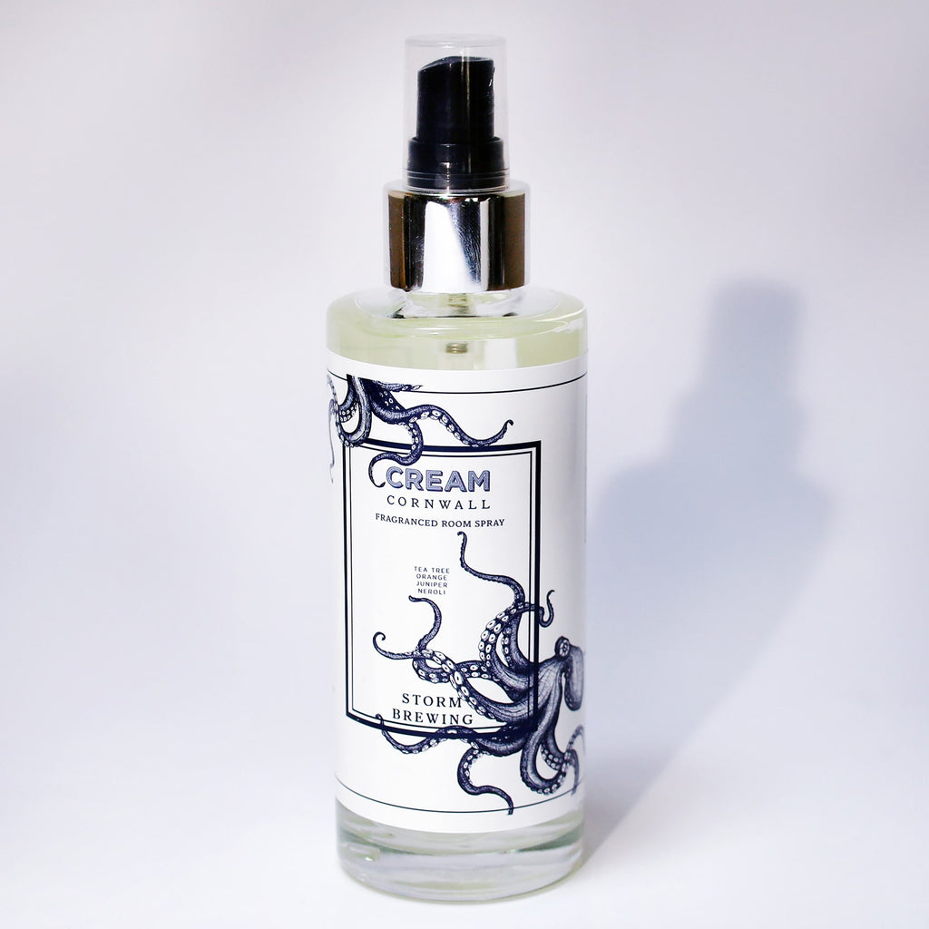 Fragrance Room Spray glass bottle with atomiser top,Storm Brewing logo on label.