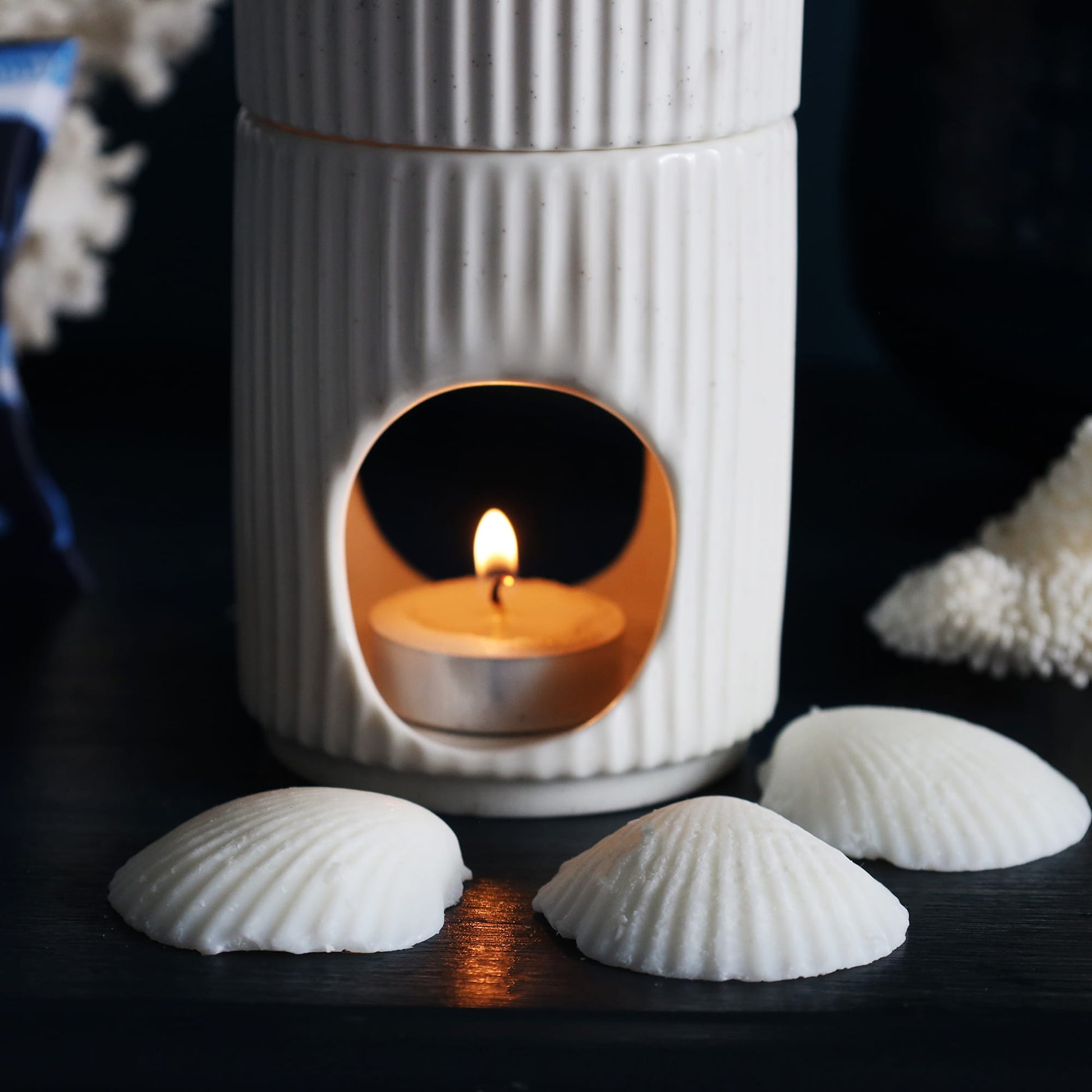 White ceramic lantern with a lit candle inside, surrounded by seashells on a dark surface.