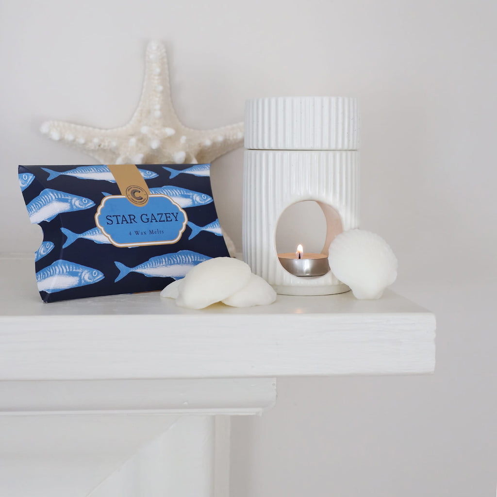Nautical-themed pouch with starfish design on a white surface with decorative items.