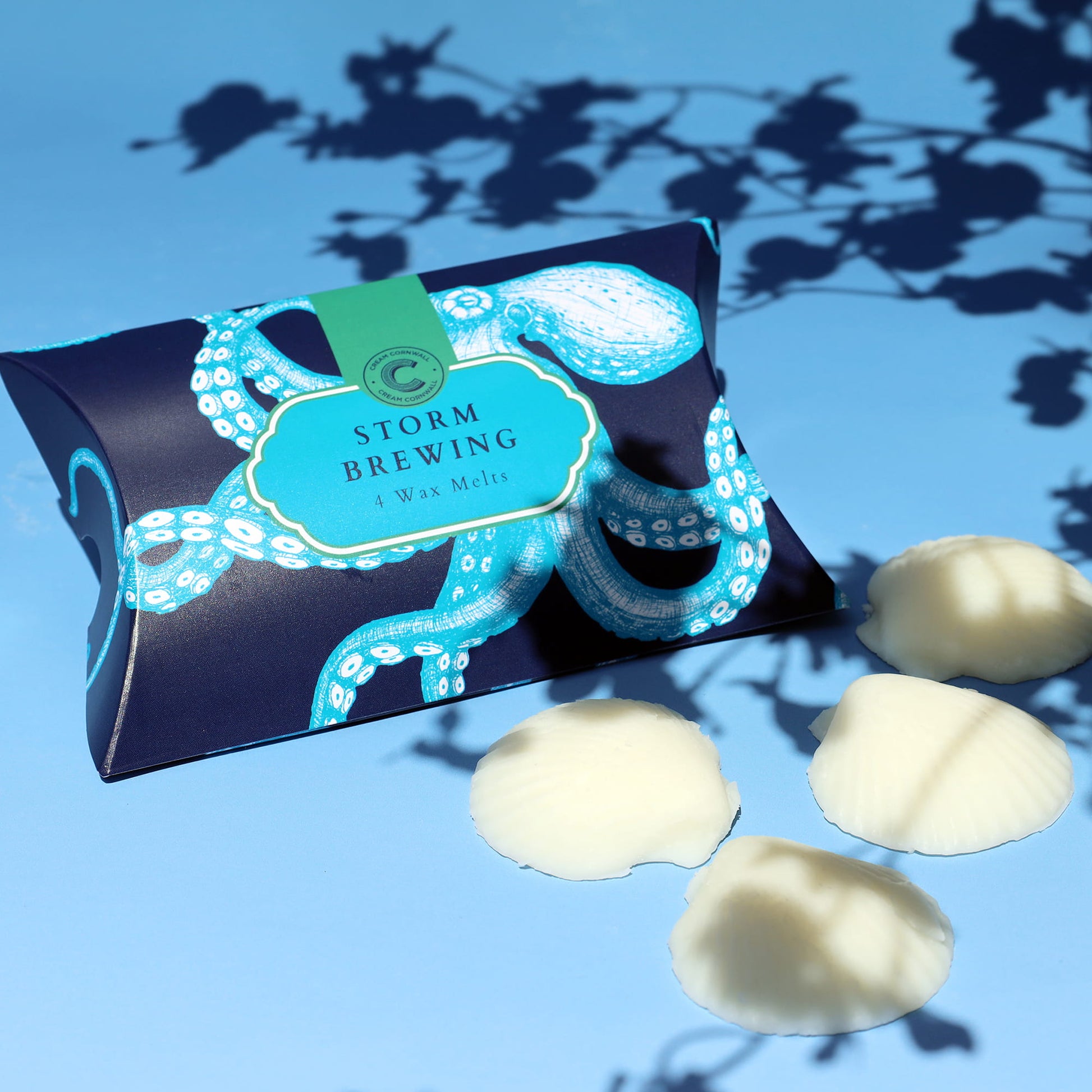 Wax melts packaging labeled 'Storm Brewing' on a blue background with shell shaped wax melts beside it.