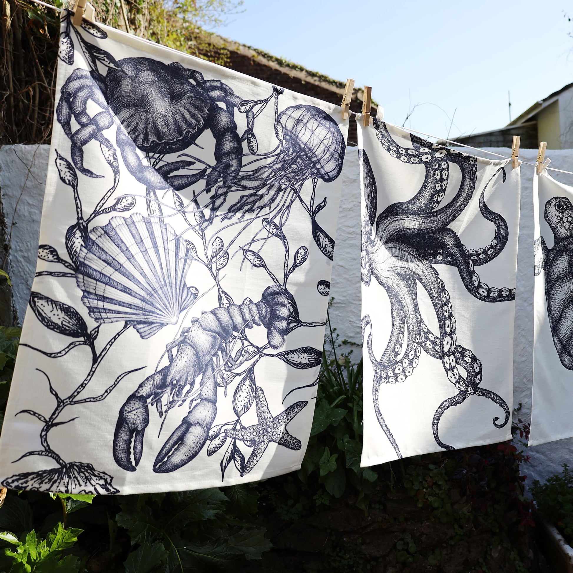 Three nautical-themed tea towels hang on a washing line in the sunlight, secured with wooden pegs. The left towel features detailed monochrome illustrations of a lobster, jellyfish, scallop shell, crab, seaweed, and starfish. The middle towel showcases a close-up of an intricately drawn octopus with swirling tentacles, while the right towel partially reveals a continuation of the oceanic theme. The background includes a white wall, a garden with lush greenery, and a clear blue sky.