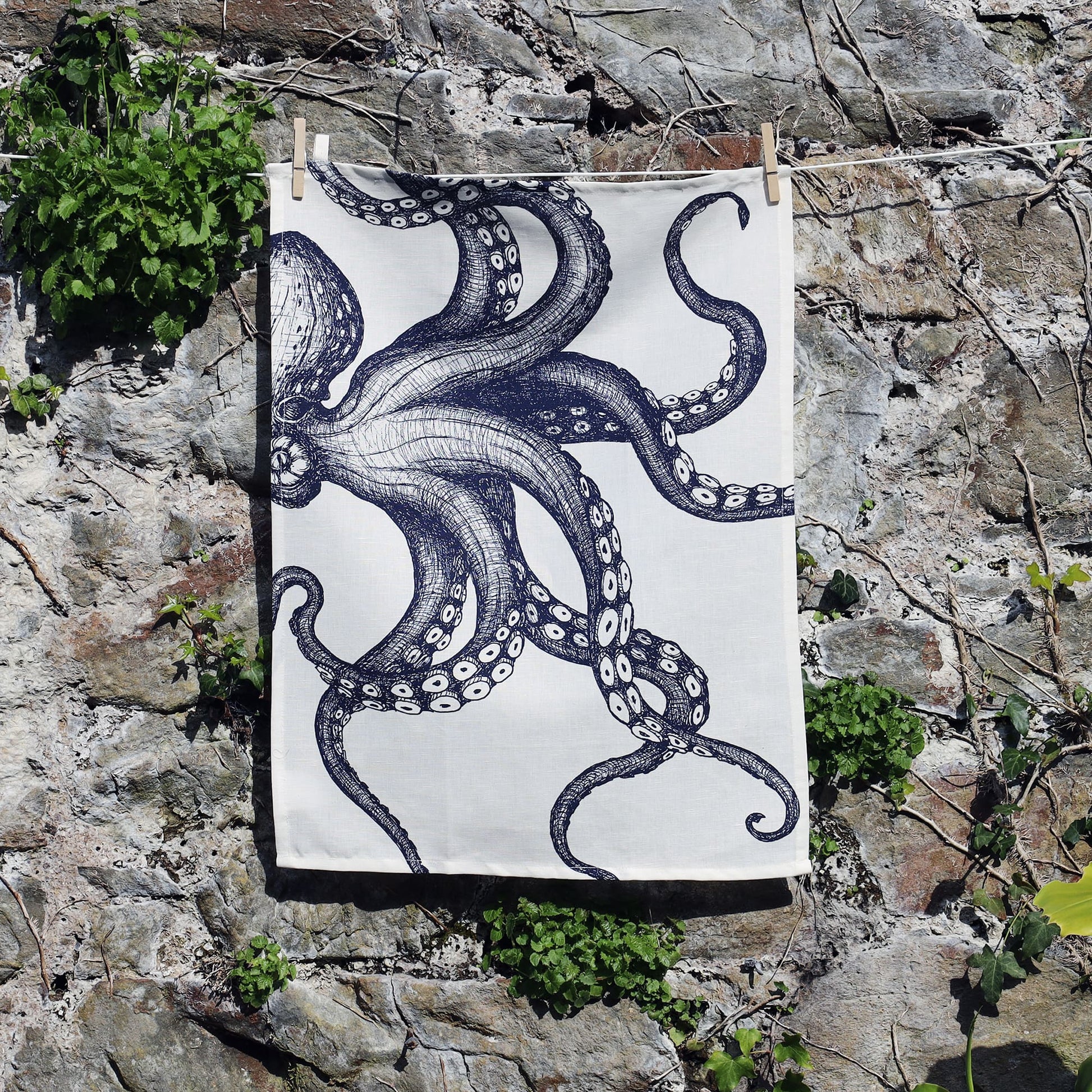 A tea towel with a detailed navy blue illustration of an octopus hangs on a washing line against a textured stone wall. The octopus design showcases its curling tentacles and intricate line work, creating a bold marine-themed aesthetic. Green foliage surrounds the base of the wall, adding a natural touch to the coastal-inspired setting.