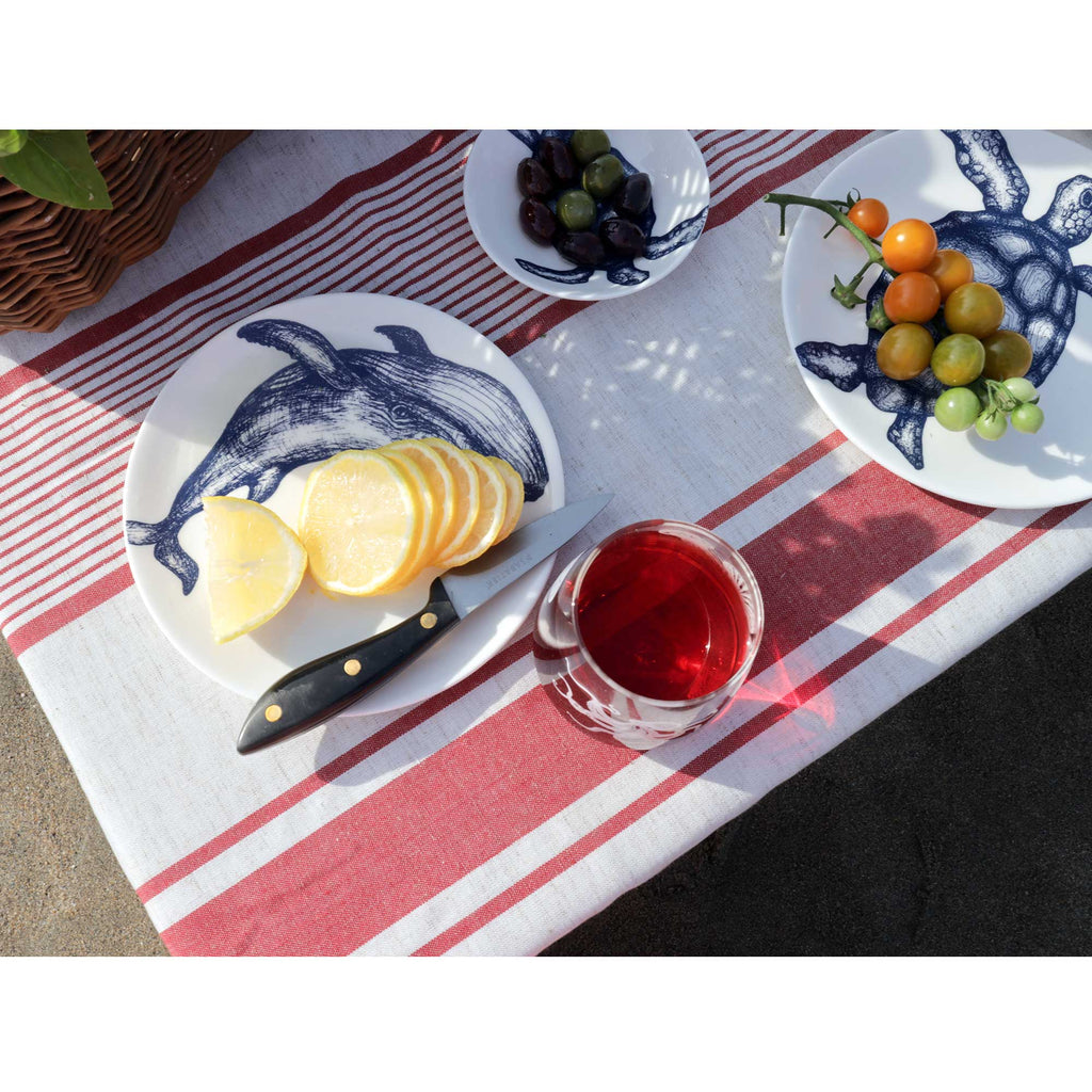 A styled outdoor dining scene showing a white tablecloth with red stripes, decorated with blue turtle and dolphin print plates, a glass of red beverage, and sliced lemons and grapes.