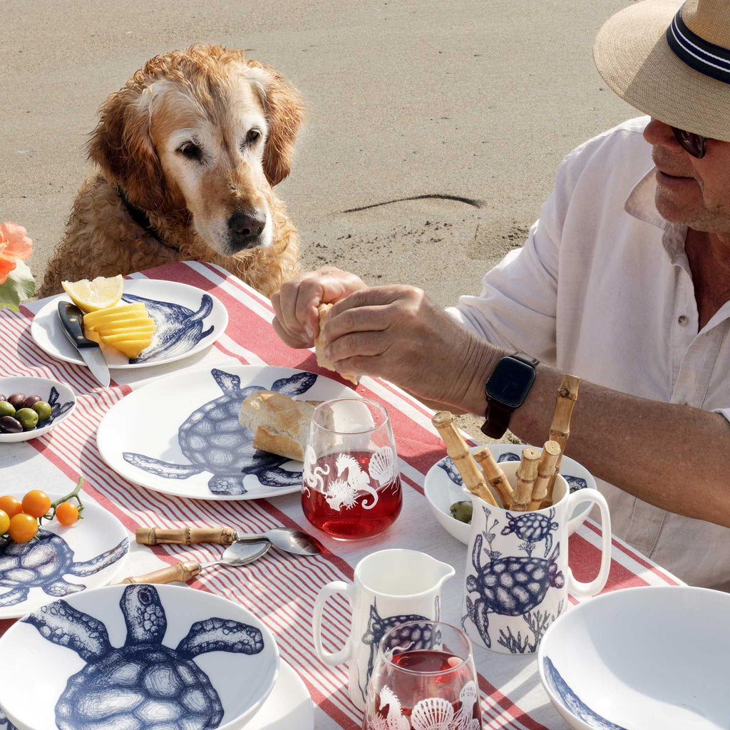 A man and his dog enjoy a seaside picnic with a table set in blue and white sea turtle print ceramic, including plates, glasses, and a mug.