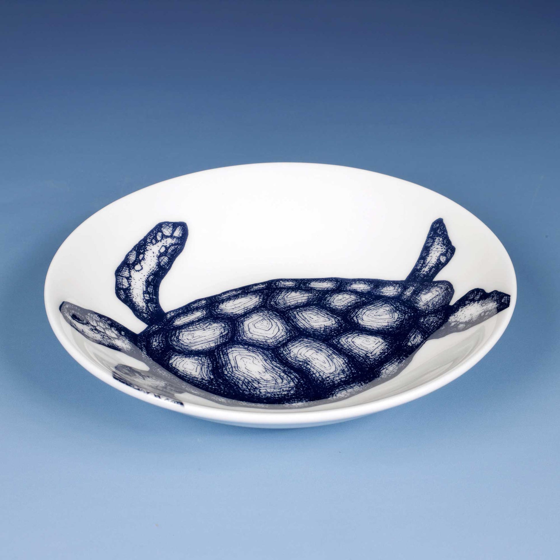 A white ceramic shallow bowl featuring a detailed navy blue sketch of a sea turtle, set against a smooth blue gradient background.