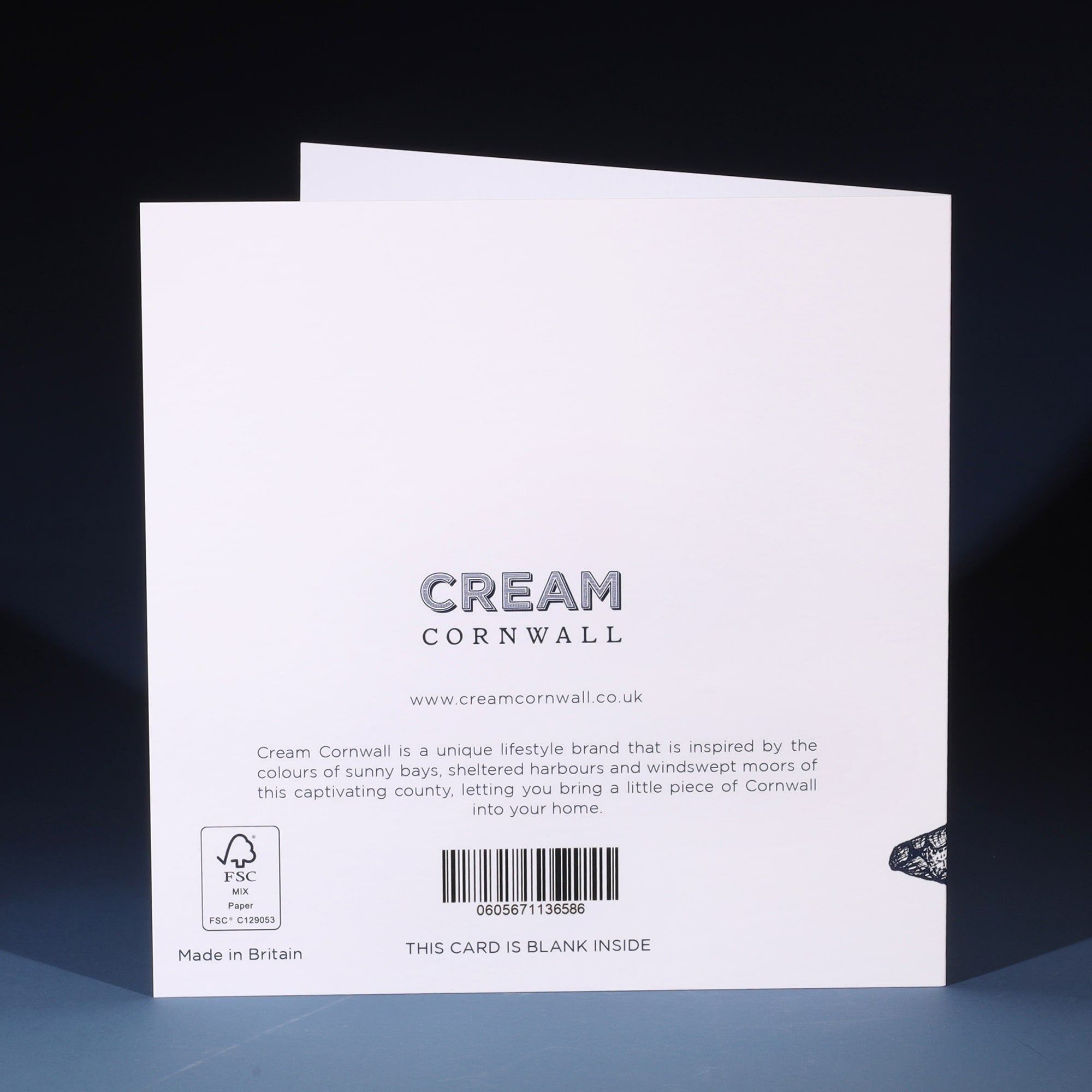 Back of greeting card with all the details about Cream Cornwall.