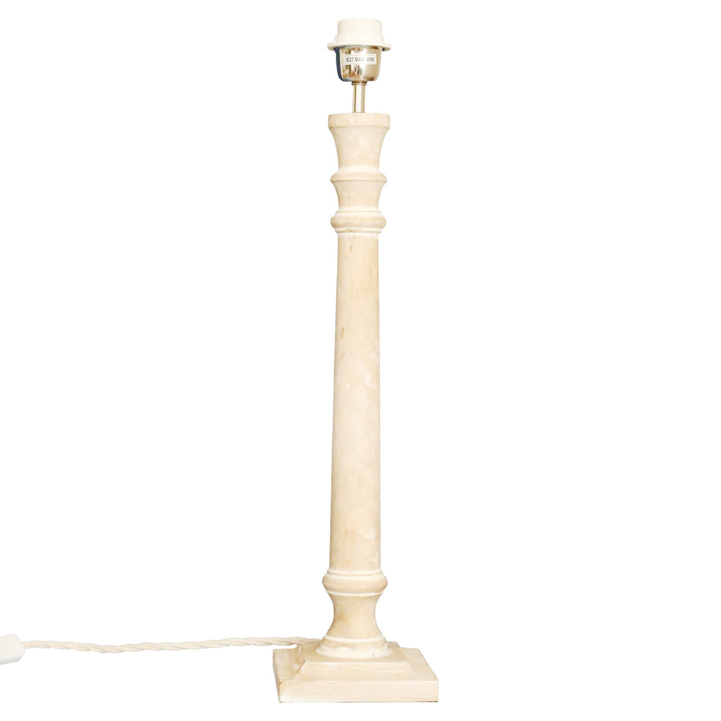 Whitewashed wooden lamp base with natural coloured flex and chrome & white fittings.