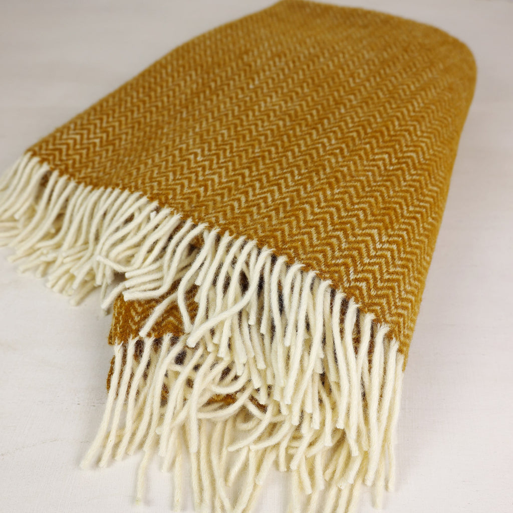 Herringbone Caramel Eco Lambs Wool Throw -Homeware- Cream Cornwall