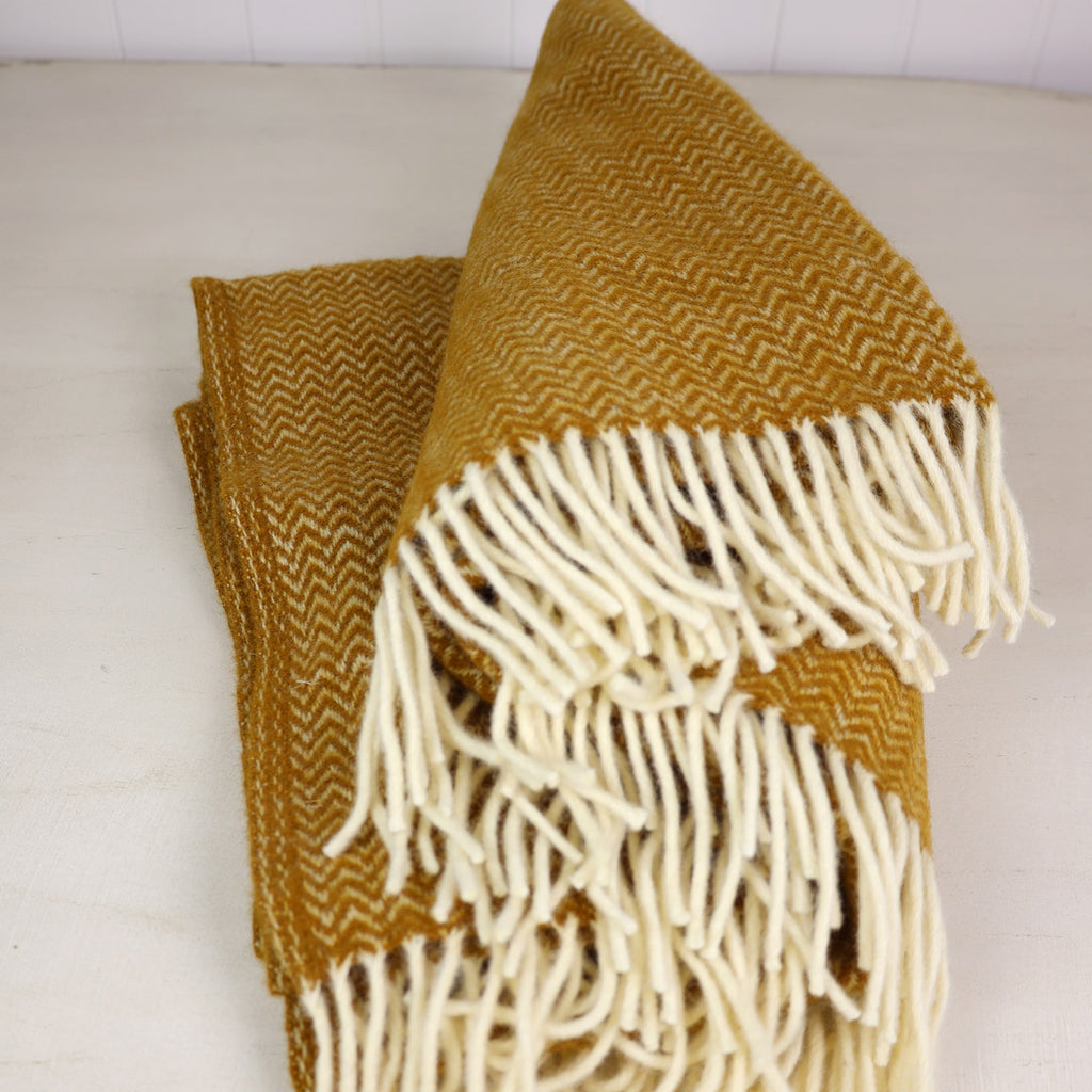 Herringbone Caramel Eco Lambs Wool Throw -Homeware- Cream Cornwall