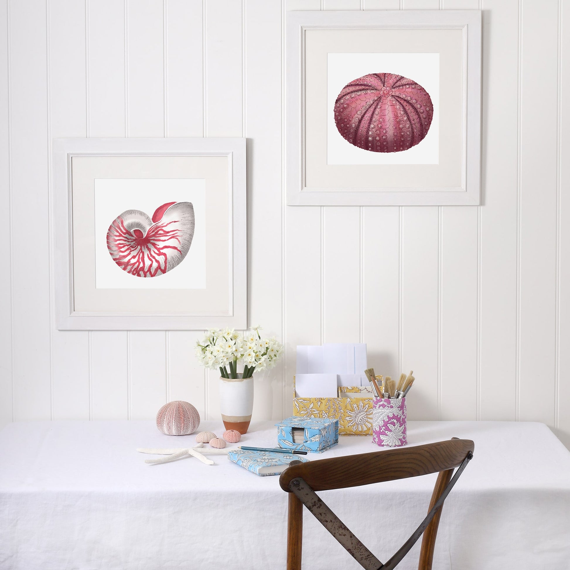 A serene workspace with a coastal theme, featuring two framed marine-inspired artworks on a white paneled wall. One artwork showcases a red and white nautilus shell, while the other features a detailed pink sea urchin. Below, a white linen-covered table is adorned with decorative stationery in floral prints, a vase of white flowers, a pink sea urchin, and seashells. A wooden chair with a curved metal frame adds a rustic touch to the calming, ocean-inspired setting.