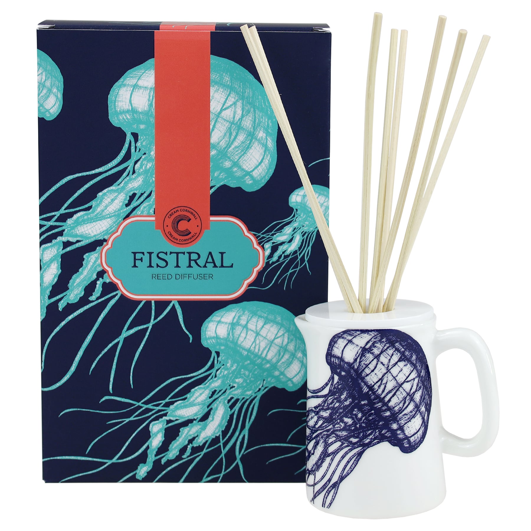 Sailors Story room diffuser with natural reeds in front of the product box.