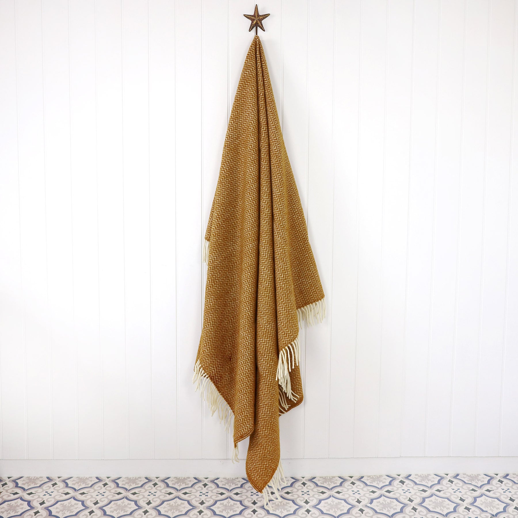 Herringbone Caramel Eco Lambs Wool Throw -Homeware- Cream Cornwall