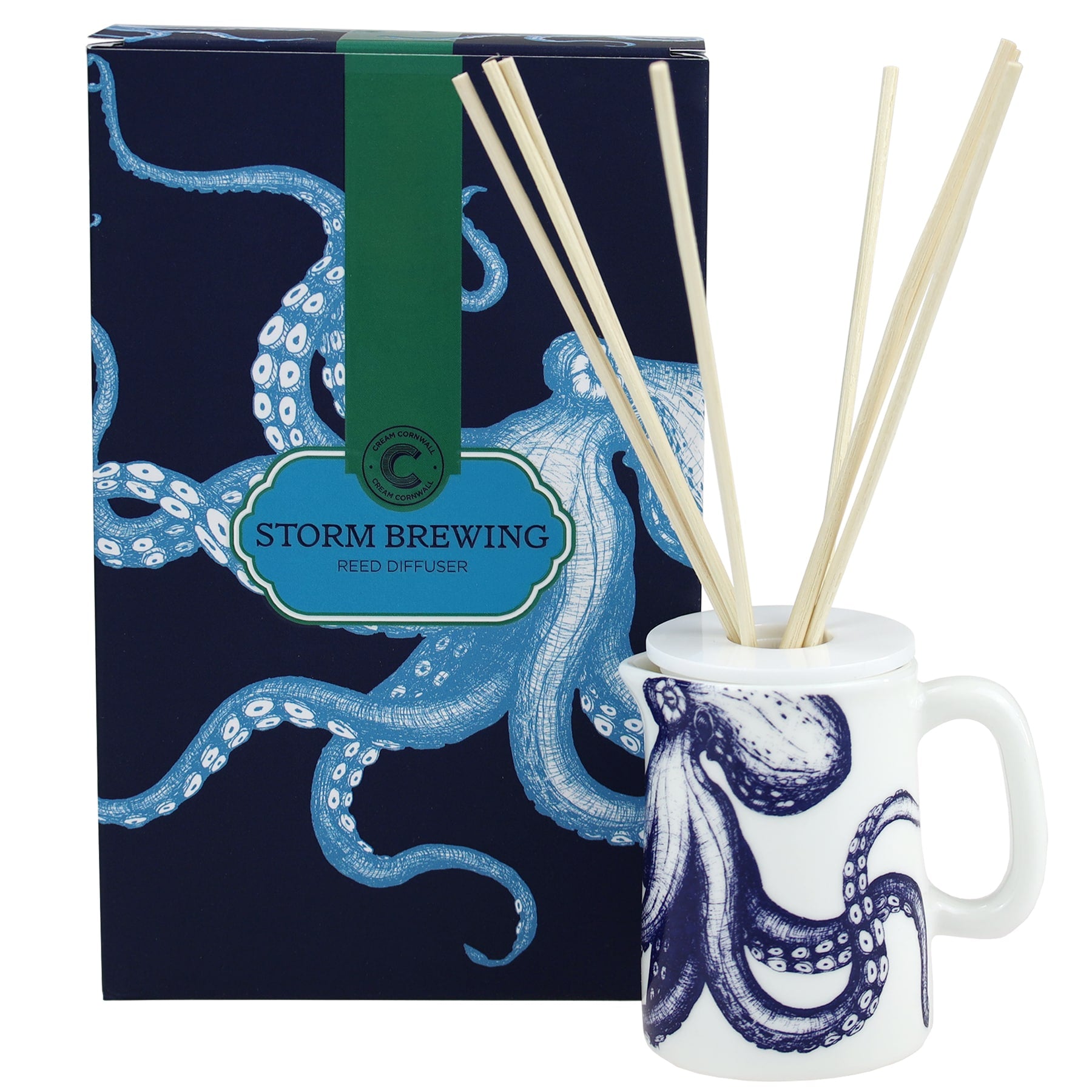 Sailors Story room diffuser with natural reeds in front of the product box.