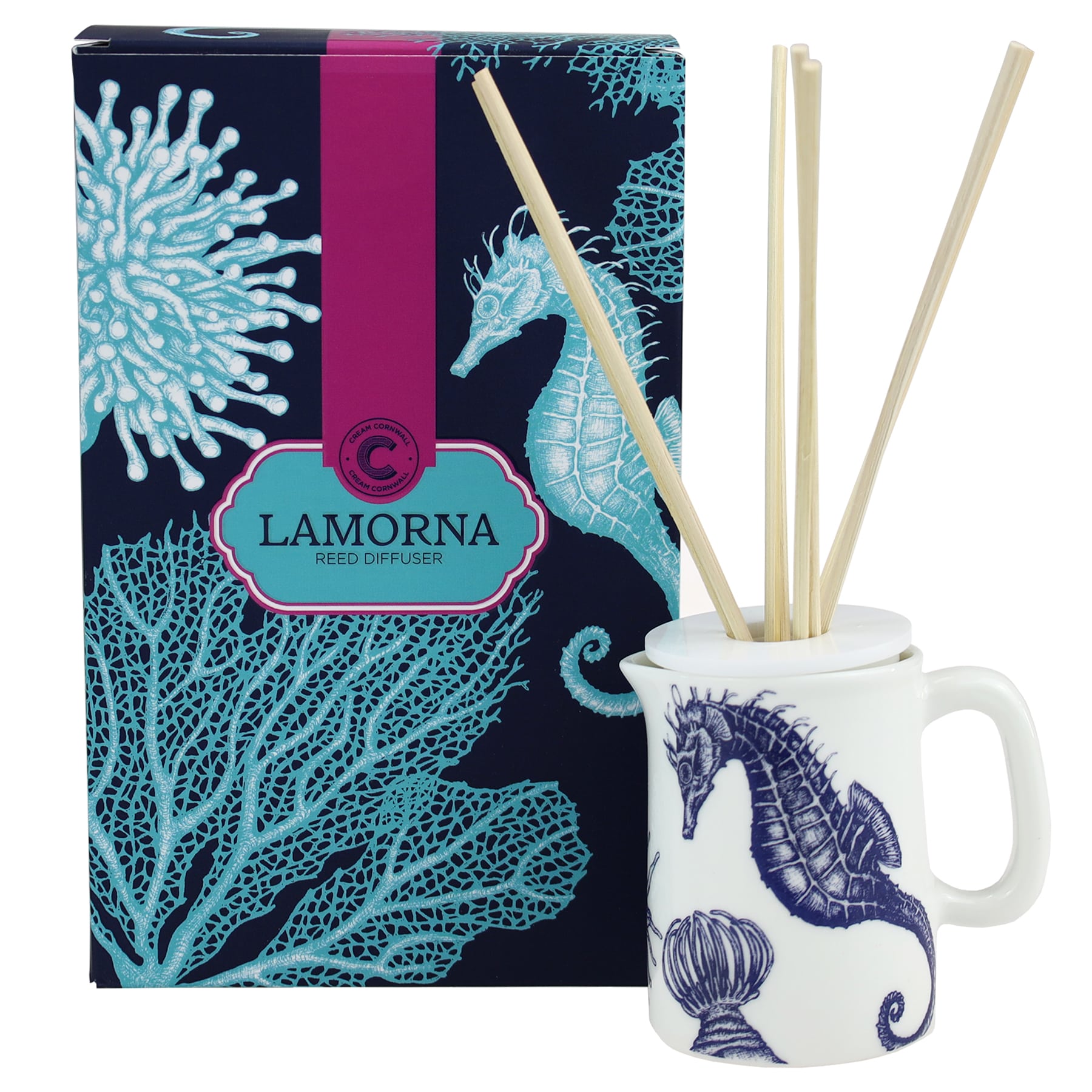 Sailors Story room diffuser with natural reeds in front of the product box.