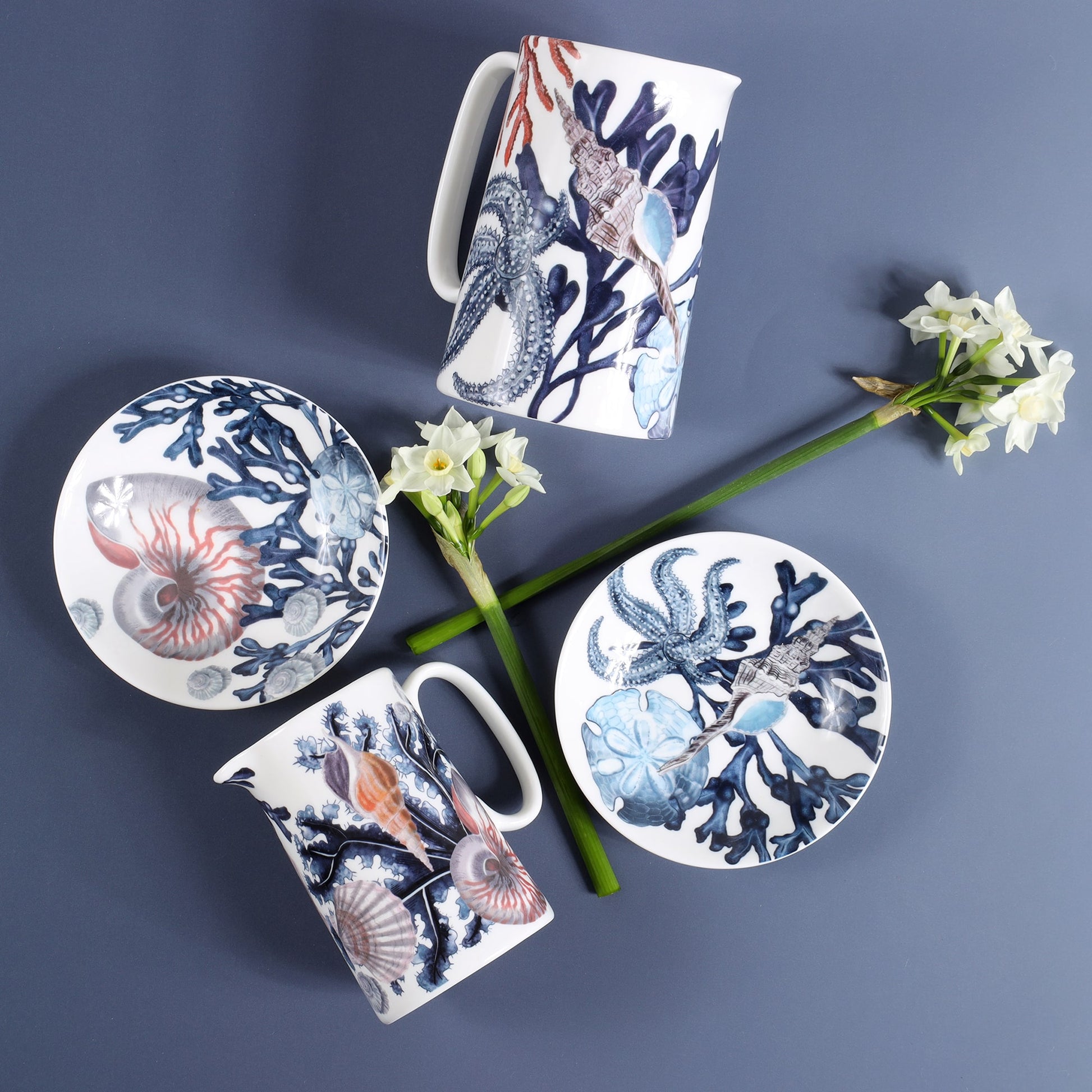 Aerial shot of Nibbles bowl in Bone China in our Beachcomber range in Navy and white in a Nautilus,seaweed and shells design next to the other beachcomber nibbles bowl with shells on.Next to those are matching Beachcomber jugs and a couple of flowers