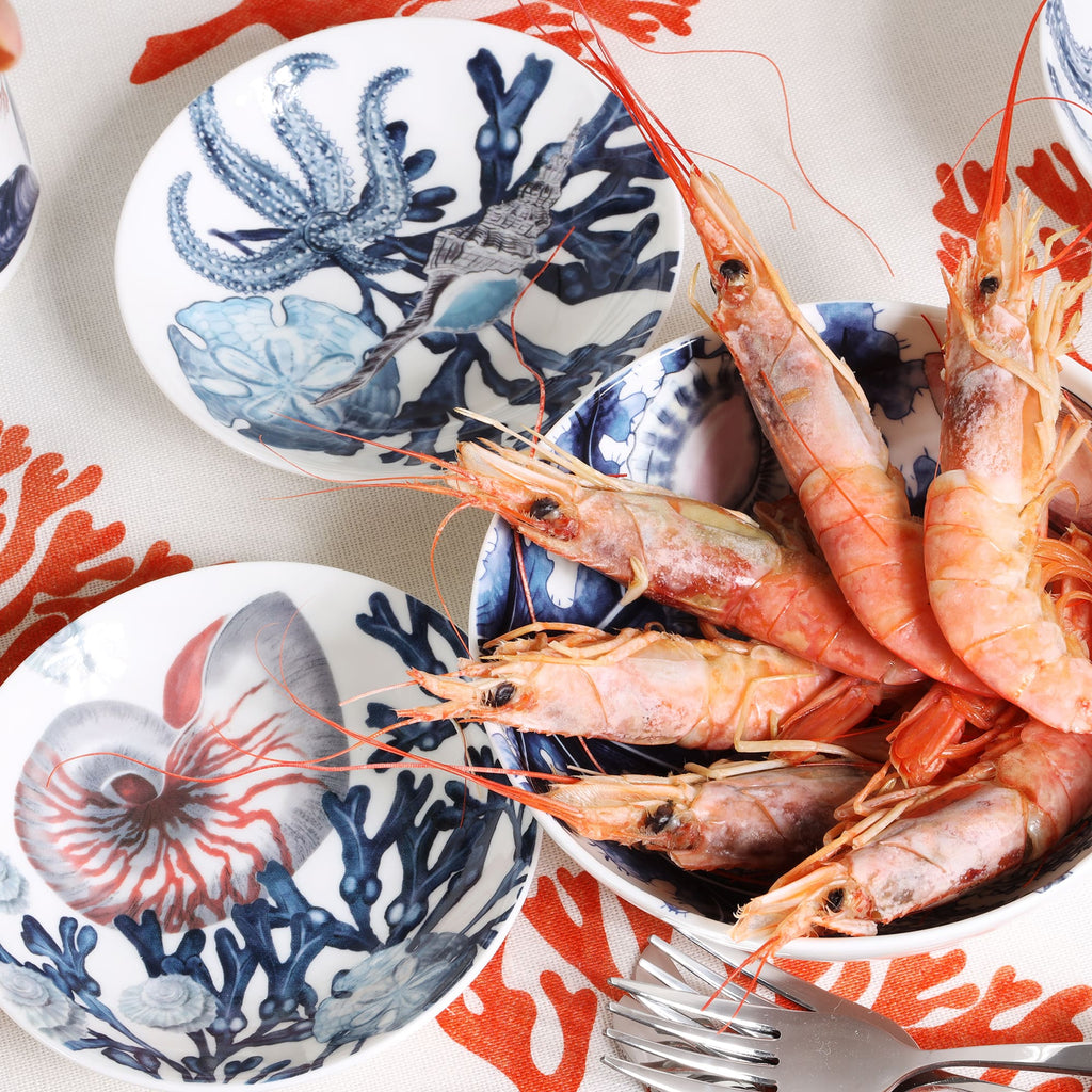 Nibbles bowl in Bone China in our Beachcomber range in Navy and white in a Nautilus,seaweed and shells design,next to the other Beachcomber nibbles bowl.Both next to a larger bowl containing some freshwater prawns