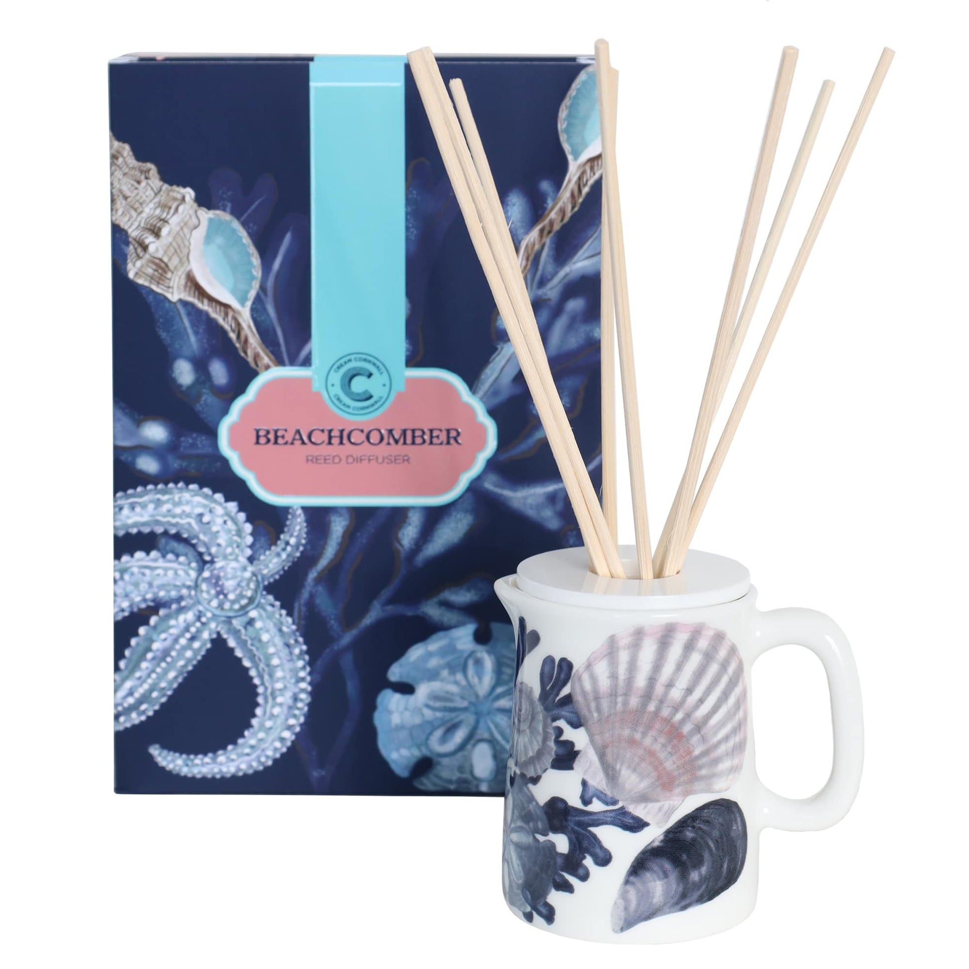 Sailors Story room diffuser with natural reeds in front of the product box.
