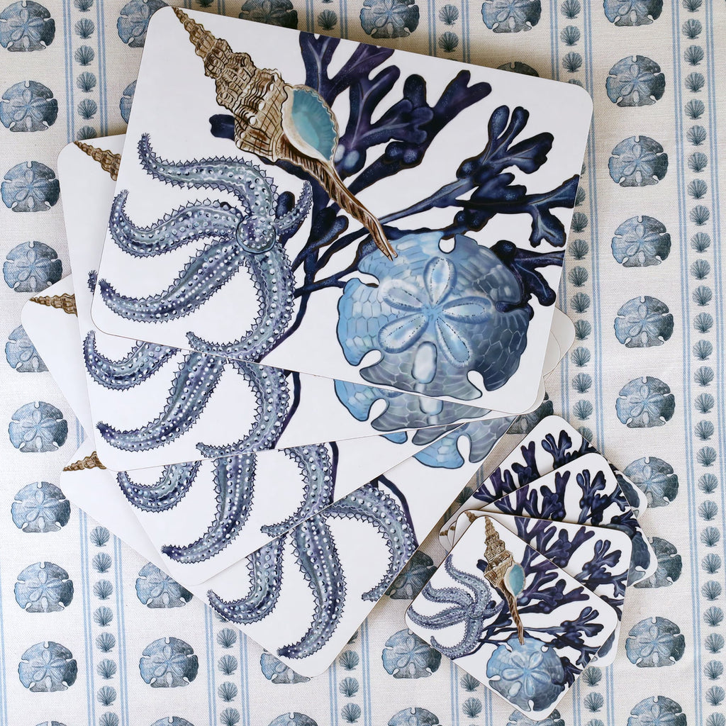 Tablecloth in the sand dollar with Placemats and Coasters in our Beachcomber design