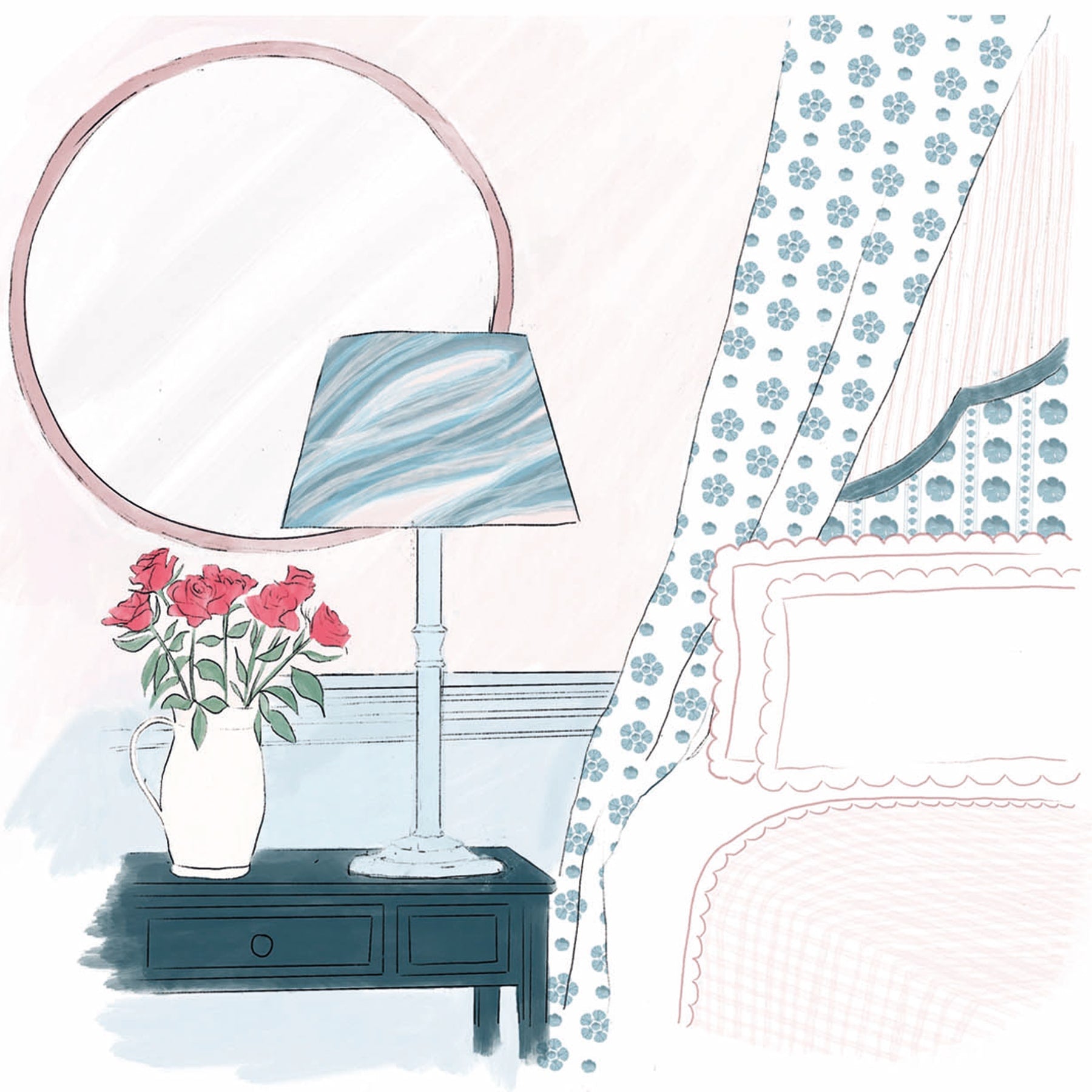 Illustration of a bedroom corner featuring a bed canopy and headboard upholstered in a soft blue sand dollar stripe fabric, a scalloped pillow, a dark bedside table with a white lamp and blue marbled shade, a round mirror, and a vase of red roses.