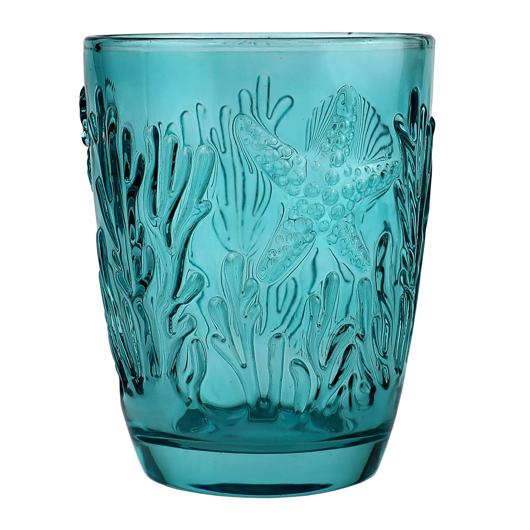 Teal coloured tumbler with embossed sea creatures