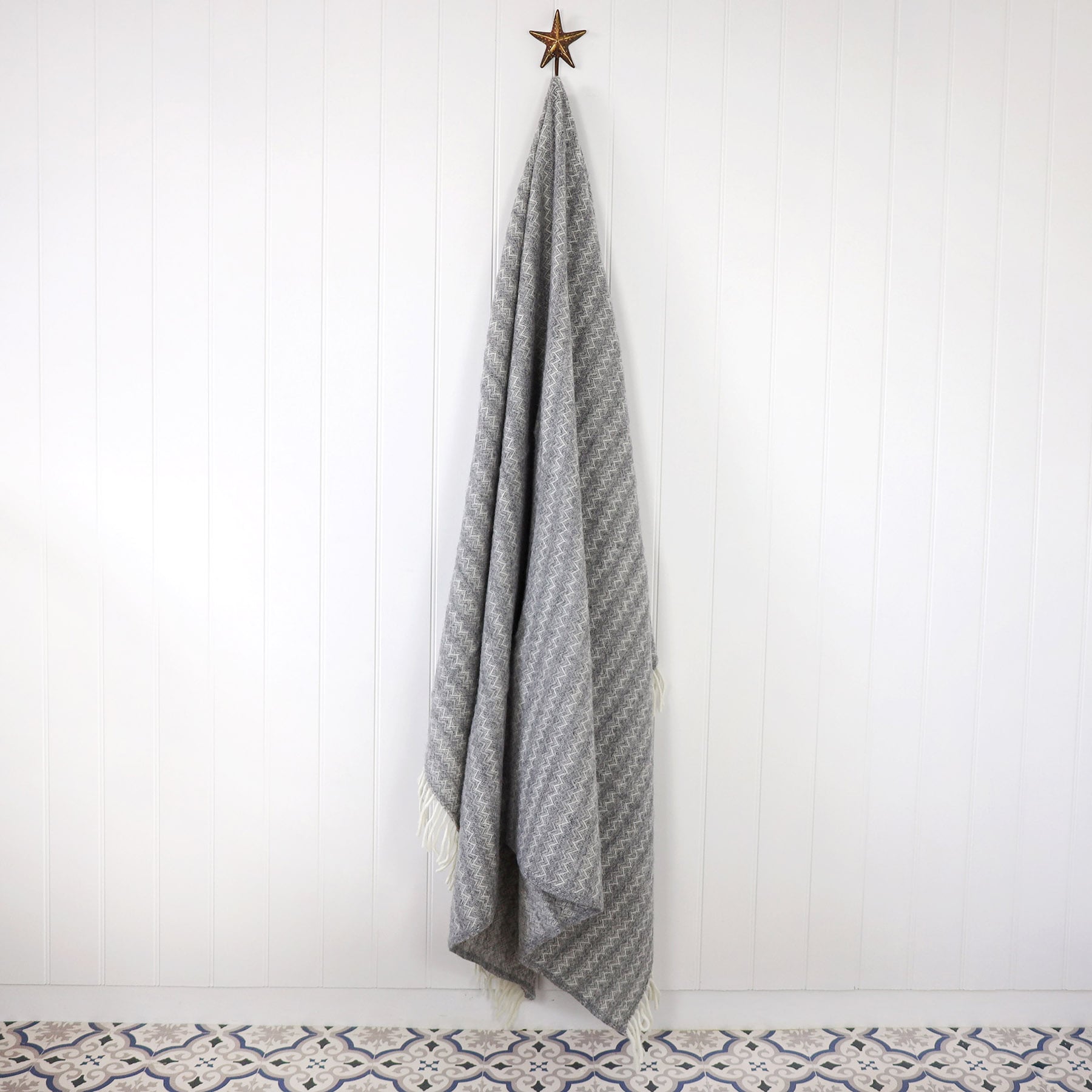 Chevron Stone Eco Lambs Wool Throw -Homeware- Cream Cornwall