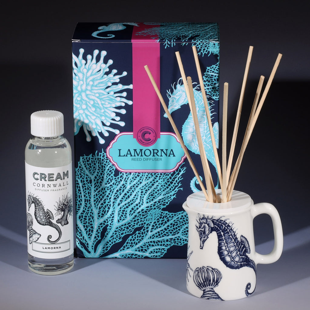 Lamorna room diffuser with natural reeds in front of the product box and a bottle of diffuser liquid.