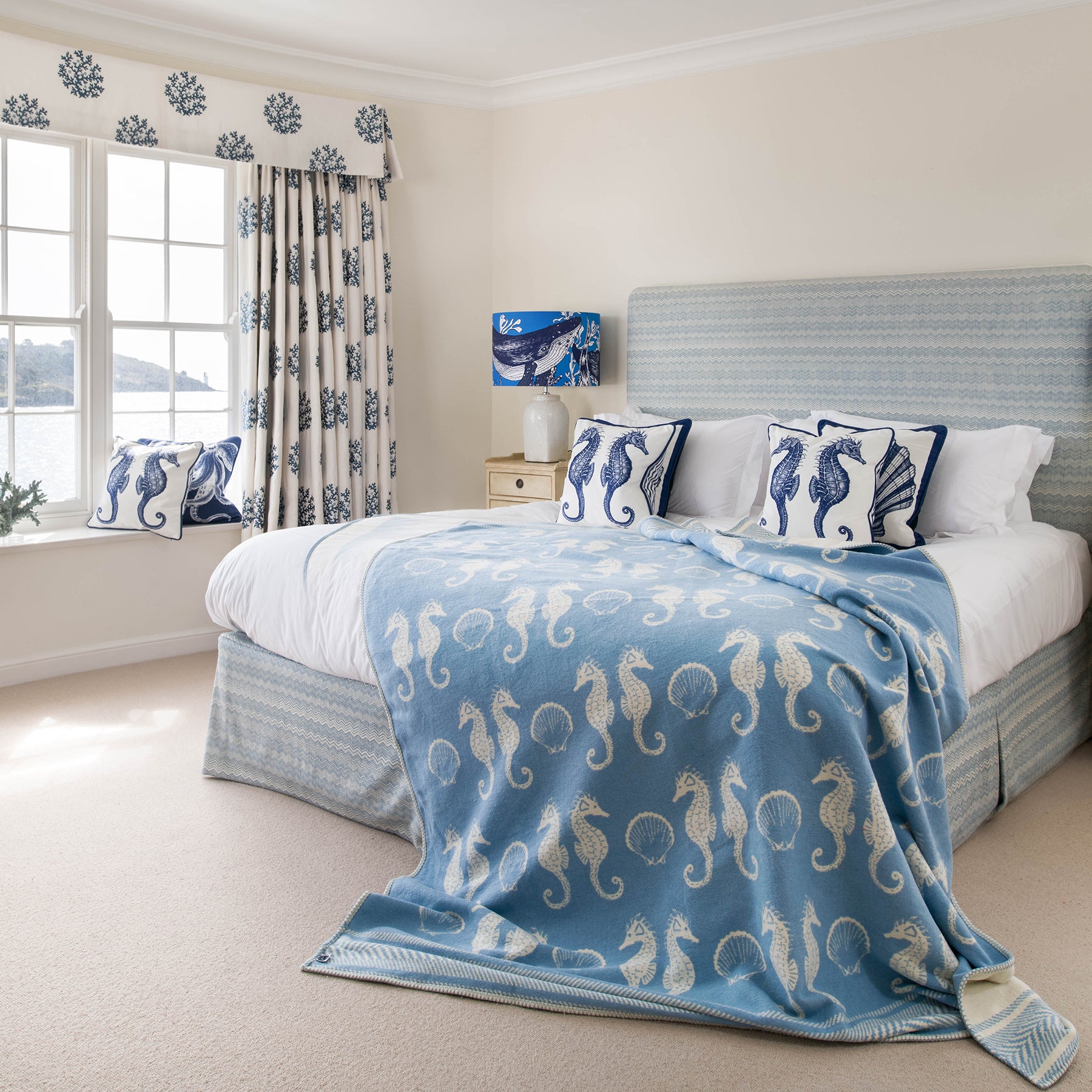 Reversible Seahorse Throw - Soft Blue & Ecru -Homeware- Cream Cornwall