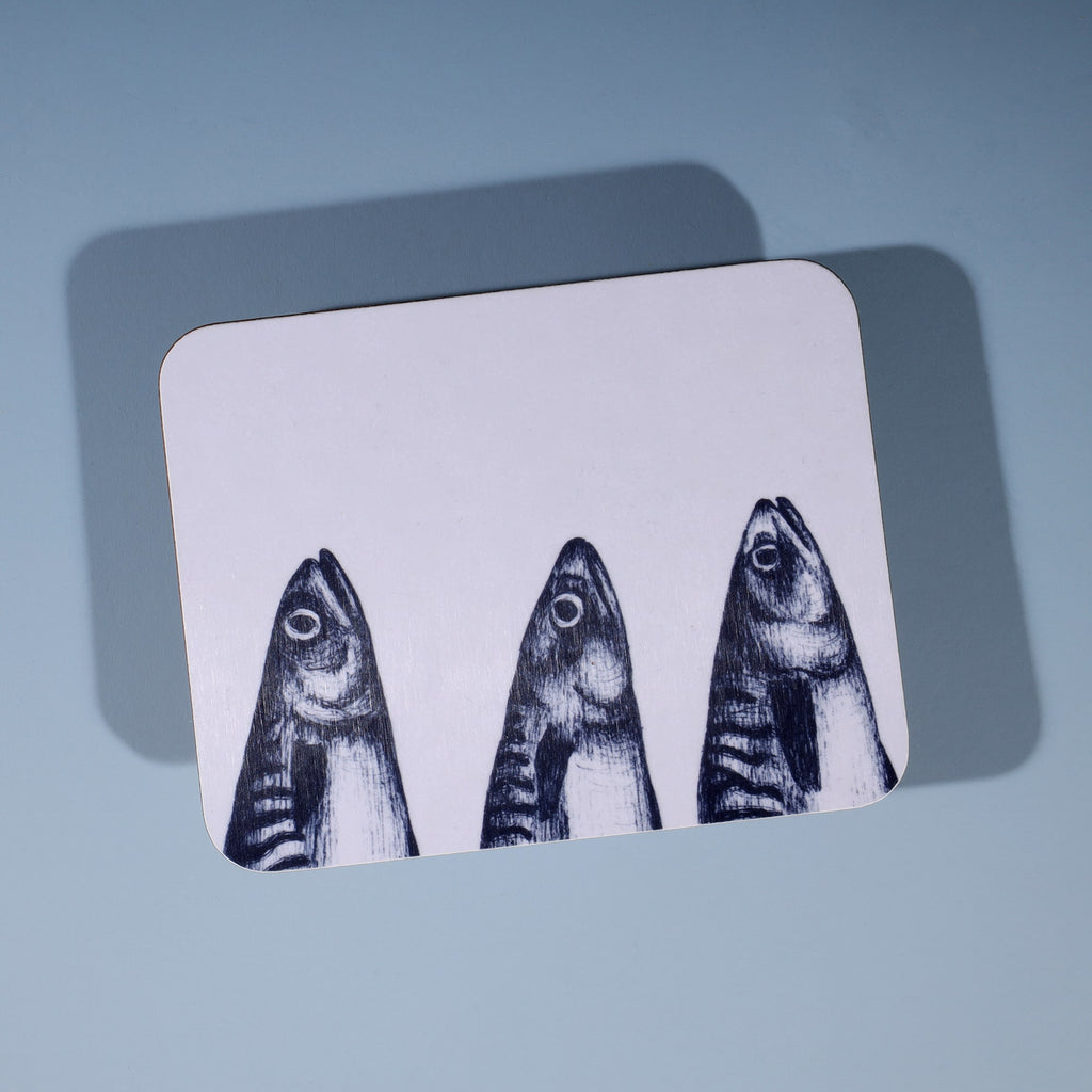 Mackerel Heads Design in Navy on a white Coaster