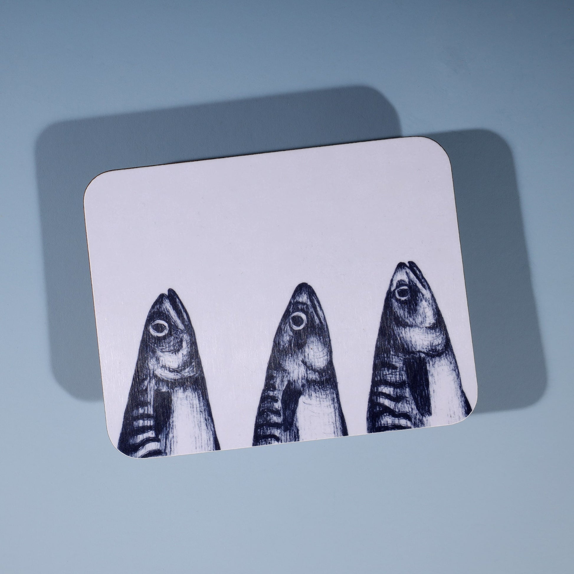 Mackerel Heads Design in Navy on a white Coaster