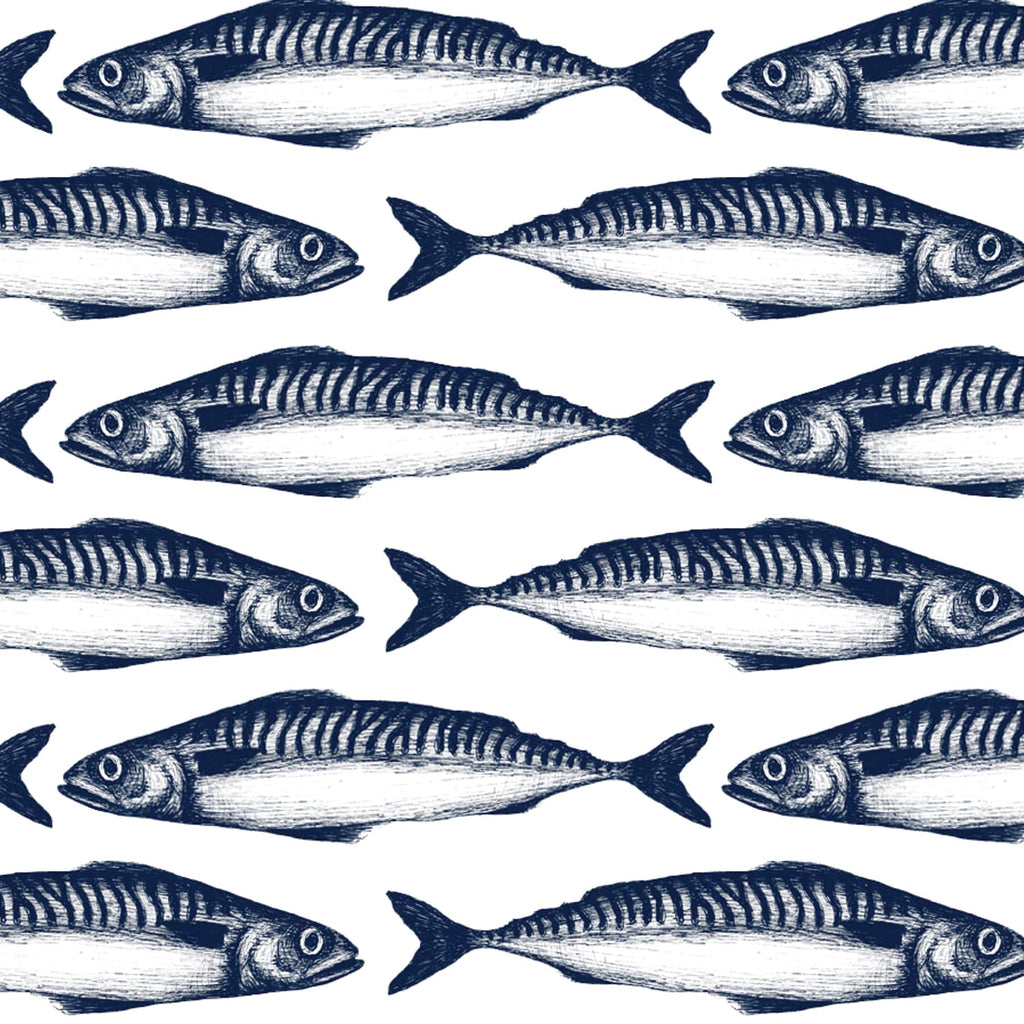 Seamless repeating pattern of navy blue mackerel fish on a white background. The fish are illustrated in a hand-drawn style with detailed markings and are arranged in alternating rows, creating a bold and coastal-inspired textile design.