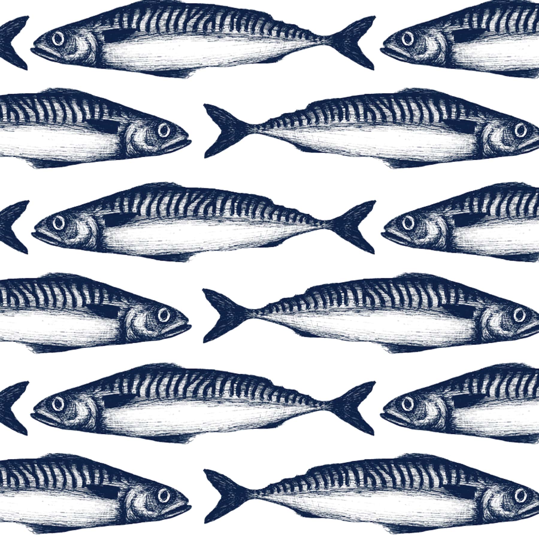 Seamless repeating pattern of navy blue mackerel fish on a white background. The fish are illustrated in a hand-drawn style with detailed markings and are arranged in alternating rows, creating a bold and coastal-inspired textile design.
