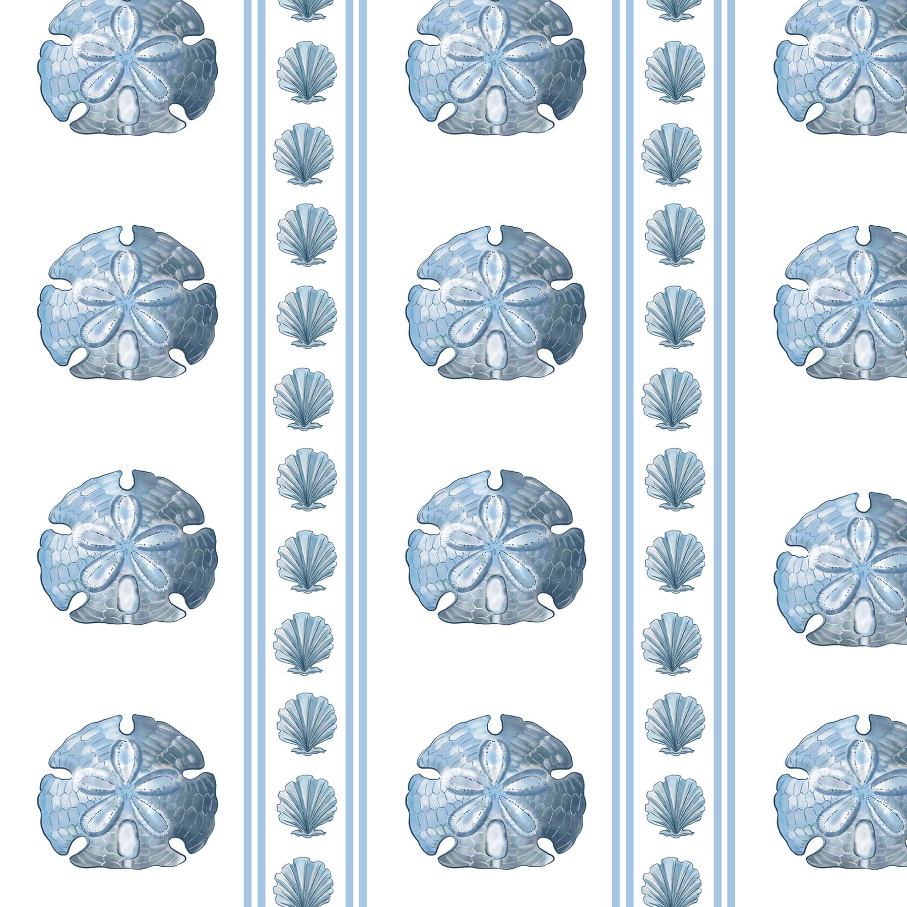 Repeating pattern of blue sand dollars and scallop shells in vertical stripes on a white background.