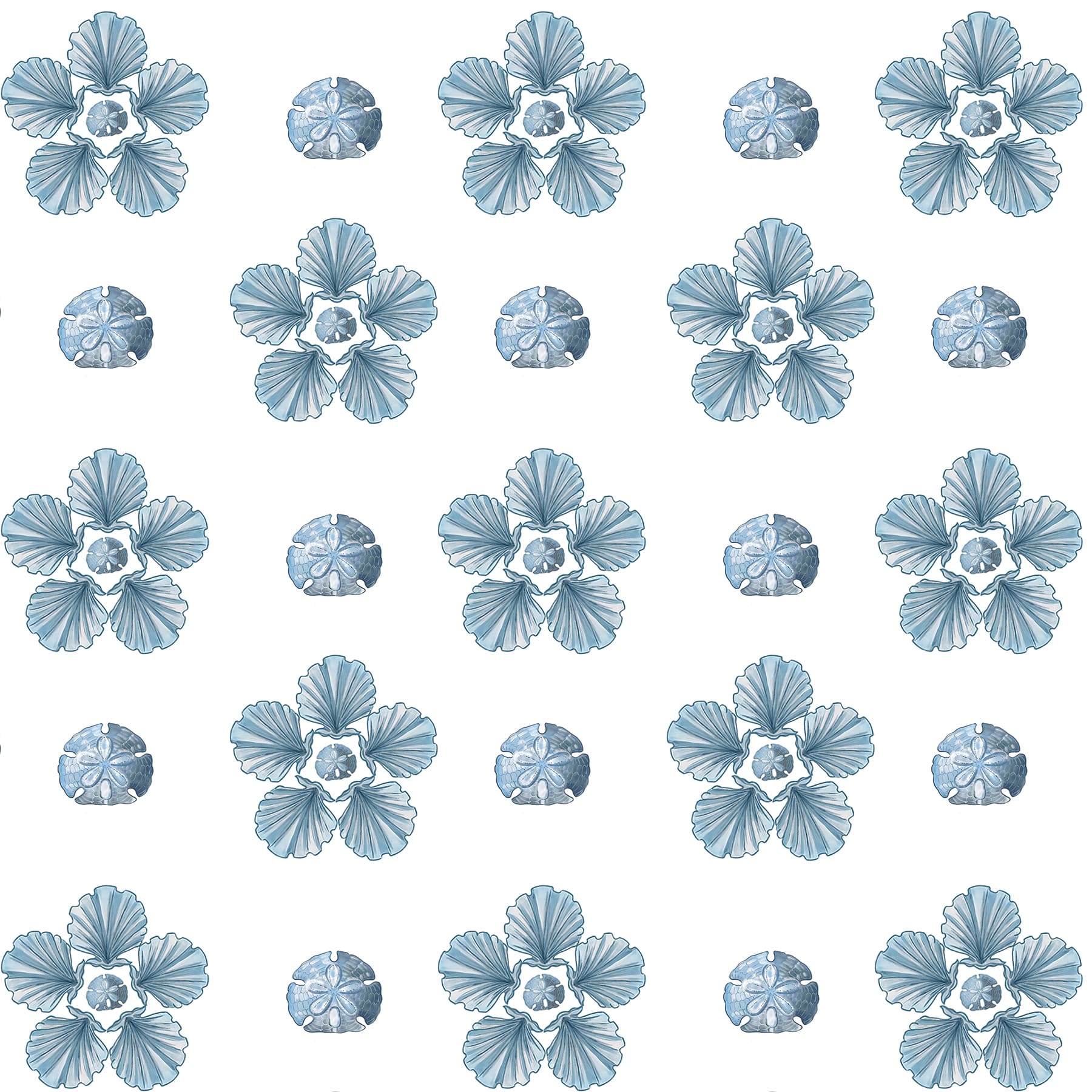 A repeating pattern featuring alternating motifs of stylized blue sand dollars and floral shapes composed of scallop shells arranged in a circular formation, all set against a crisp white background. The design has a delicate coastal aesthetic.