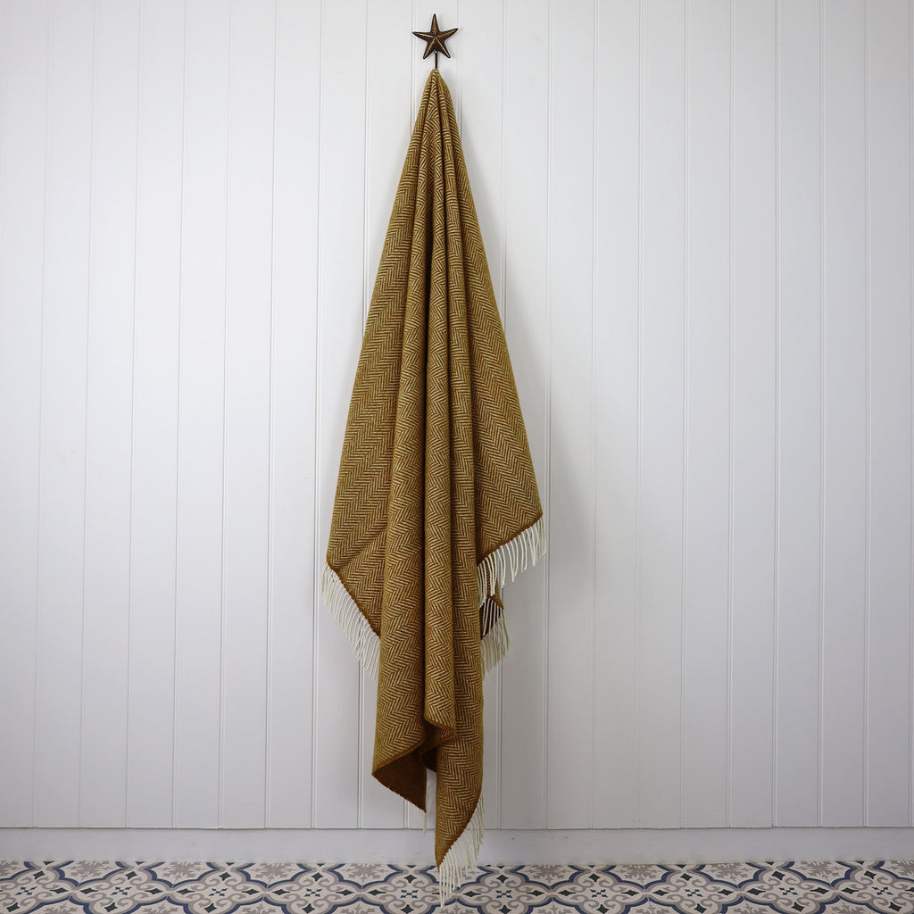 Cashmere Throw Mustard Mix Herringbone -Homeware- Cream Cornwall