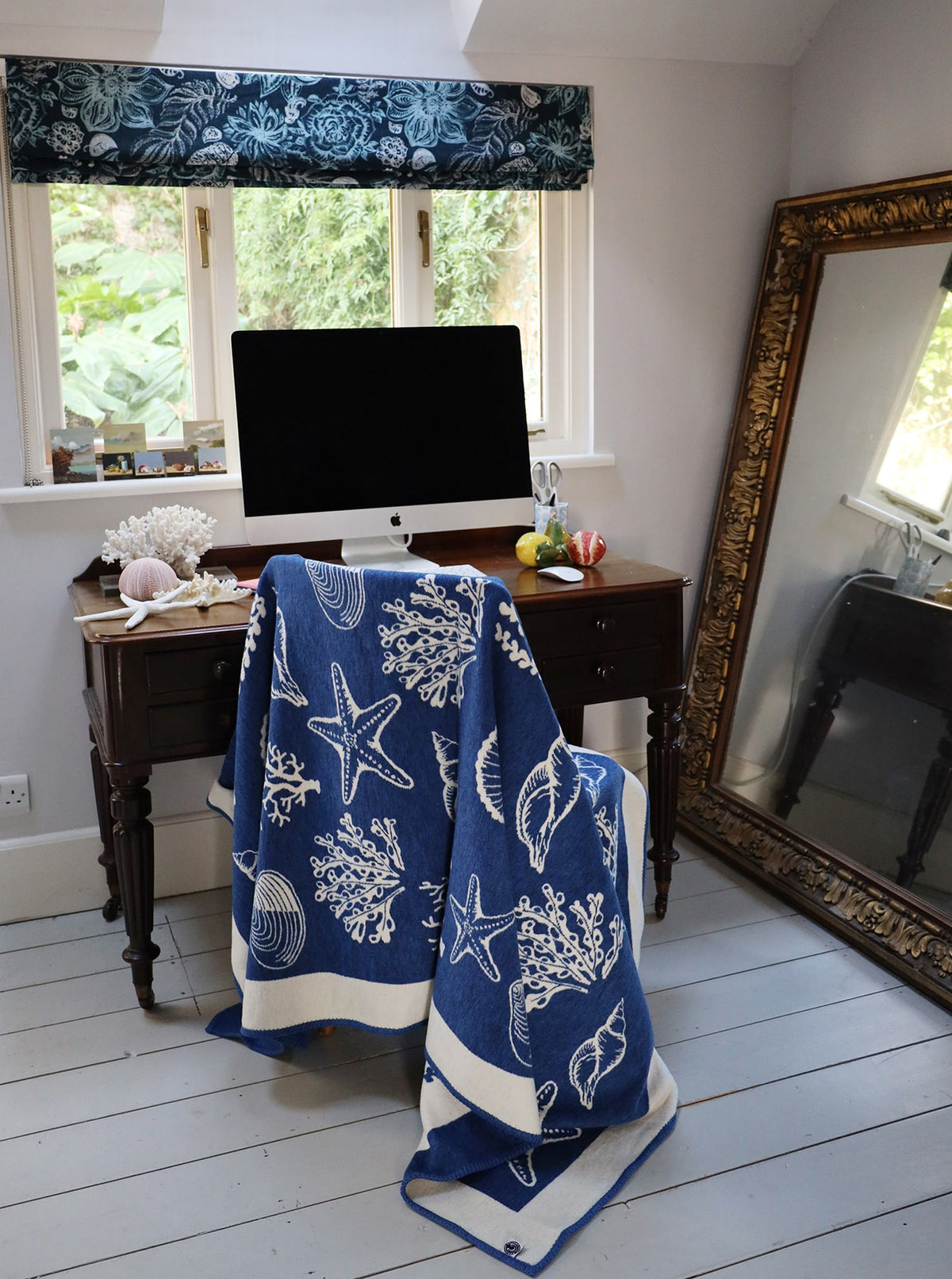 Shell Throwing Coastal Cobalt Blue Reversible Shell Throw | Cream Cornwall