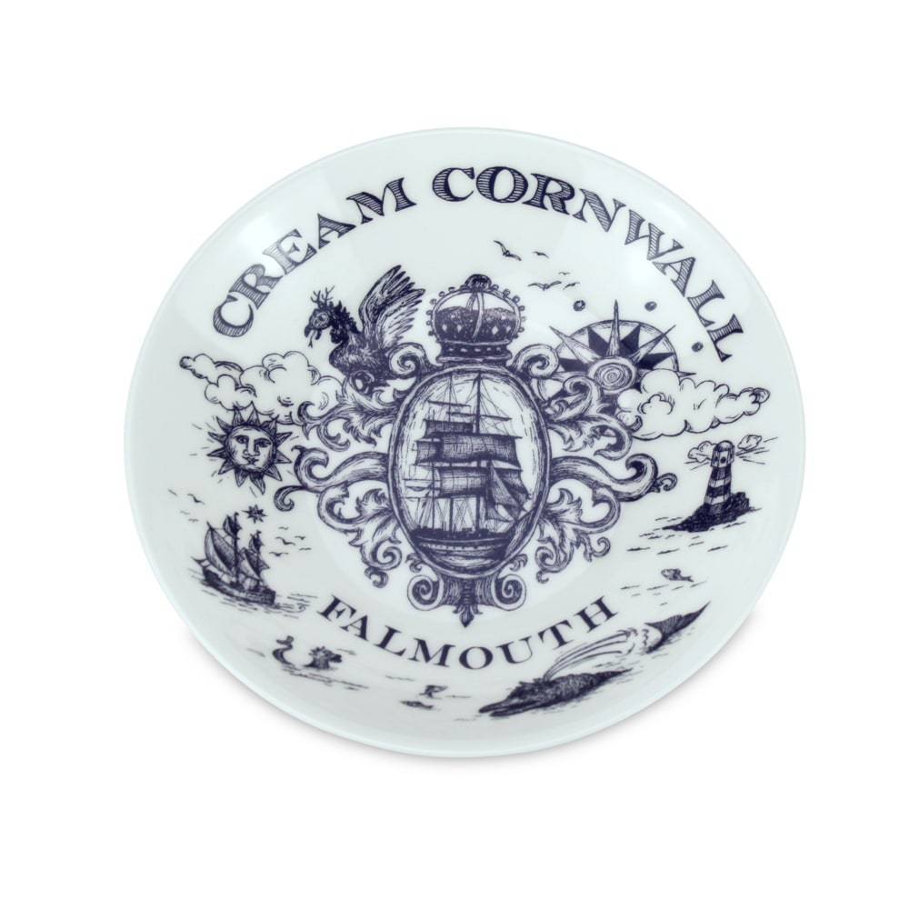 Nibbles bowl in Bone China in our Classic range in Navy and white in the Falmouth design featuring a packet ship,lighthouse and other nautical illustrations