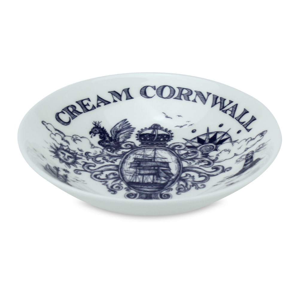 Nibbles bowl in Bone China in our Classic range in Navy and white in the Falmouth design featuring a packet ship,lighthouse and other nautical illustrations from a side angle.