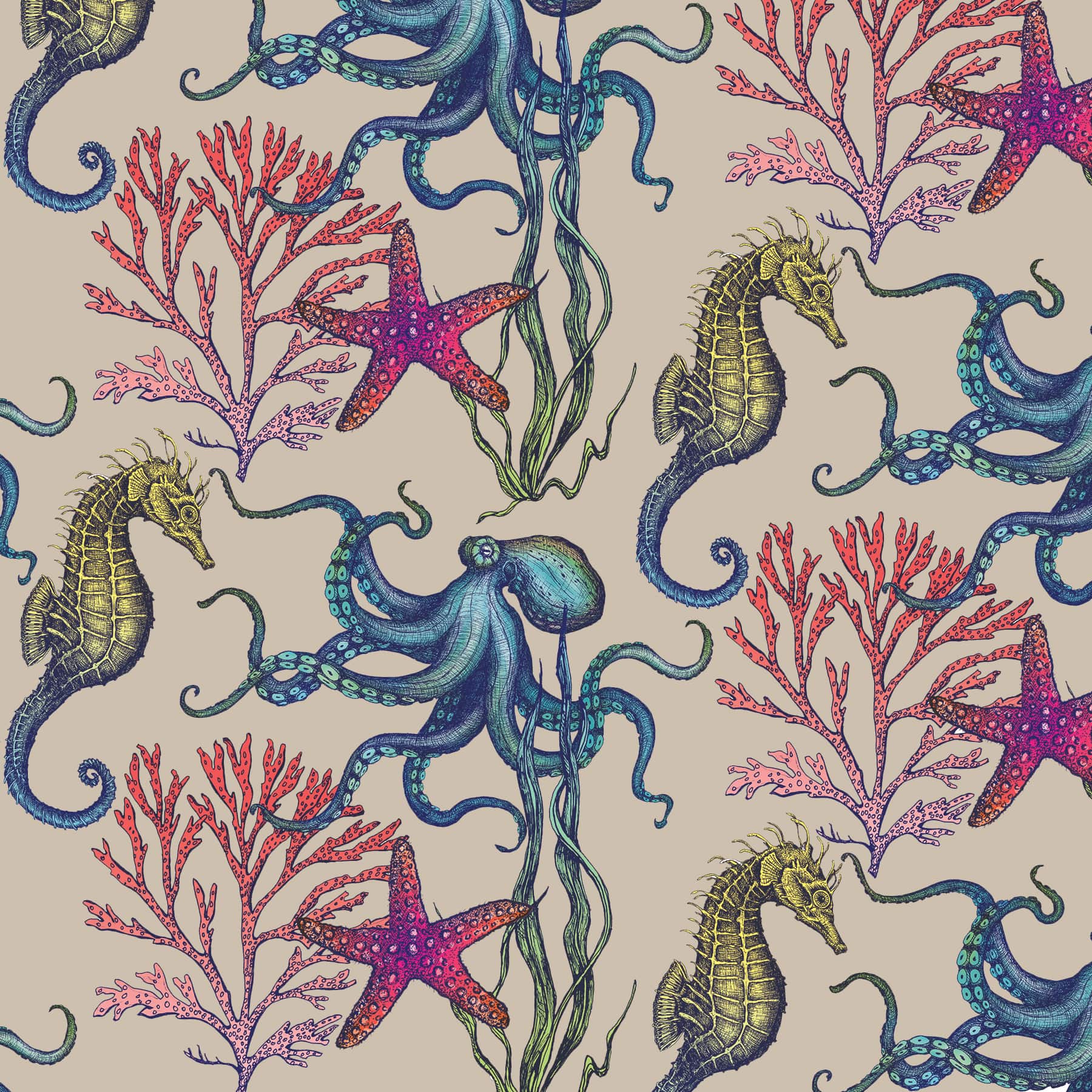 A detailed repeating pattern of Cream Cornwall’s Rainbow Reef design on a natural-toned background. The fabric features intricate illustrations of marine life including octopuses in shades of blue, yellow-green seahorses, vibrant pink starfish, and red and pink coral branches, all surrounded by gently curving seaweed. The composition is vibrant and whimsical, evoking an enchanting underwater world.