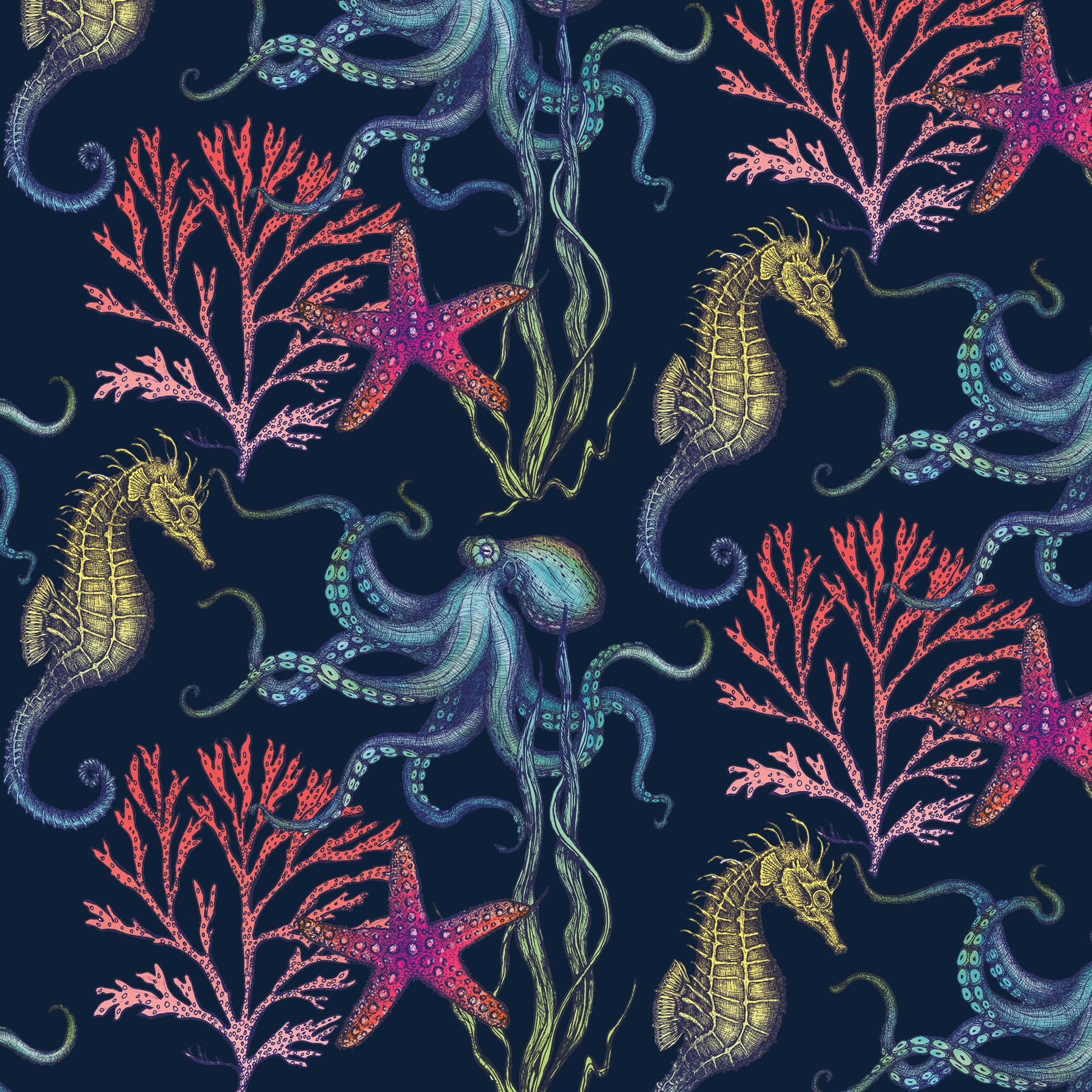 A detailed repeat pattern of Cream Cornwall’s Rainbow Reef design on a deep navy background, featuring intricately illustrated sea creatures including golden seahorses, teal octopuses, bright red starfish, and coral in shades of red and pink, interspersed with flowing seaweed.