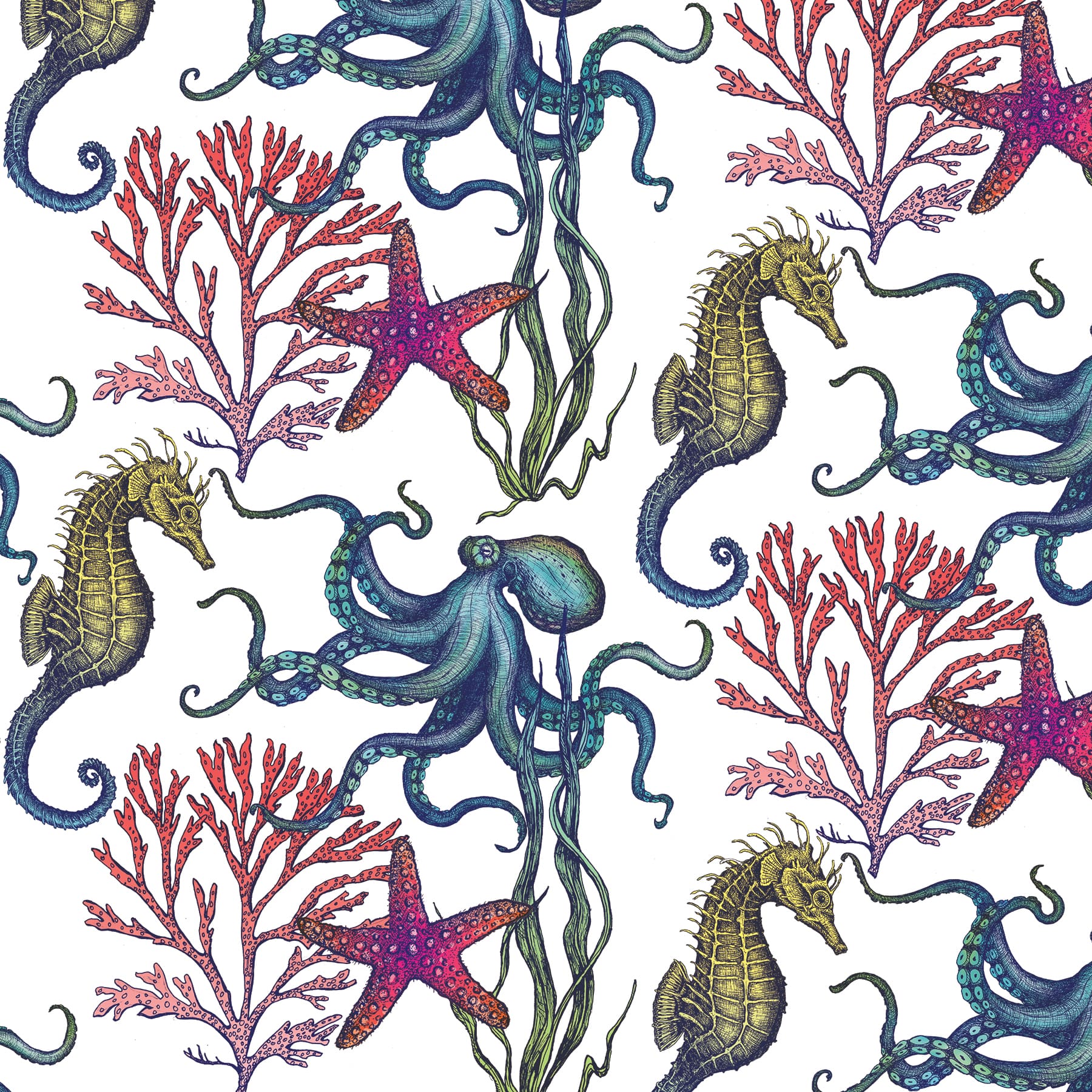 Flat lay of Cream Cornwall’s Rainbow Reef fabric featuring a vibrant underwater design. The pattern includes illustrated octopuses, seahorses, starfish, and red coral, all in vivid shades of blue, green, red, and purple on a white background.