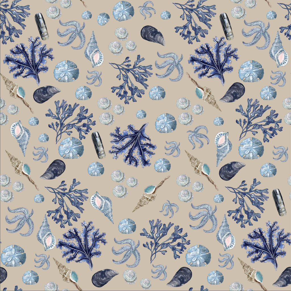 A seamless pattern from Cream Cornwall’s Rockpool fabric collection on a natural beige background, featuring hand-drawn illustrations of blue corals, sand dollars, mussel shells, spiral shells, starfish, and delicate seaweed in soft blue, aqua, and neutral tones. The design is coastal-inspired with a whimsical, painterly style.
