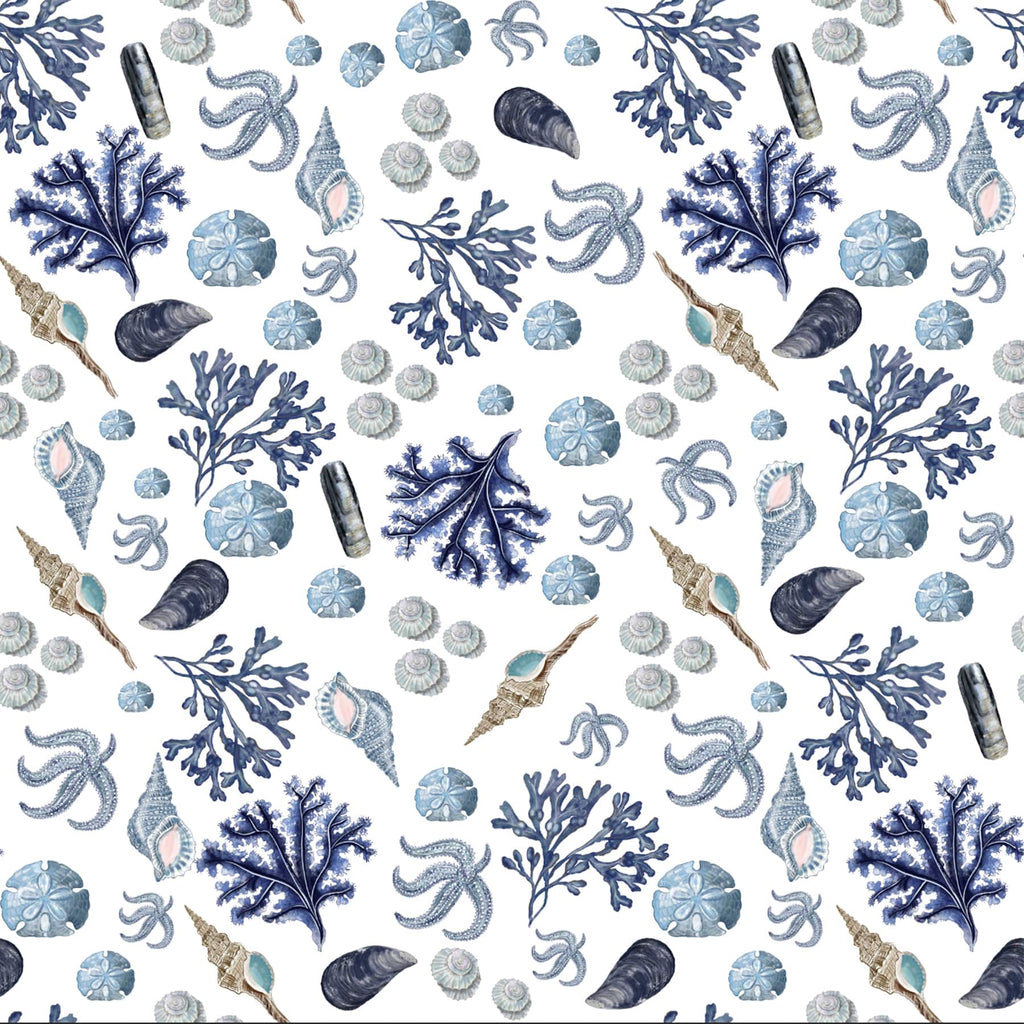 A seamless repeat pattern of Cream Cornwall’s Rockpool fabric in white, featuring delicate watercolor-style illustrations of sea life including blue starfish, shells, mussels, sea urchins, and coral branches. The design is rendered in soft coastal tones of navy, sky blue, and pale aqua, capturing the charm and tranquility of the Cornish shoreline.