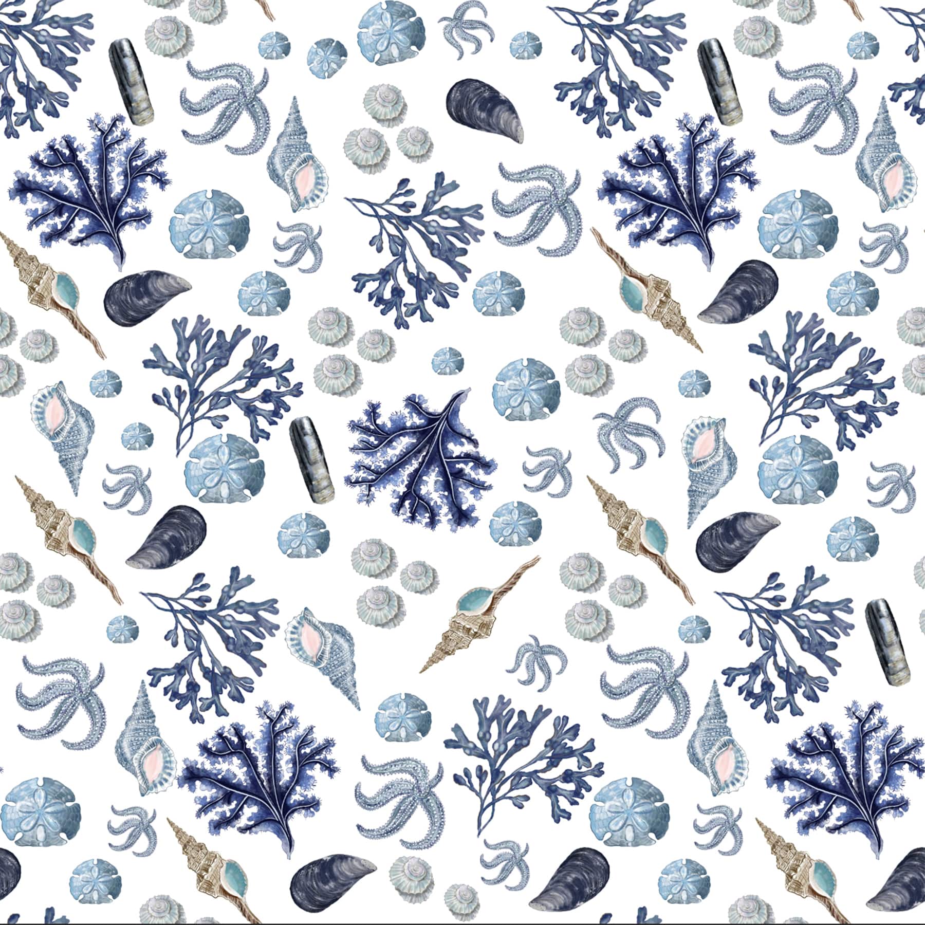 A seamless repeat pattern of Cream Cornwall’s Rockpool fabric in white, featuring delicate watercolor-style illustrations of sea life including blue starfish, shells, mussels, sea urchins, and coral branches. The design is rendered in soft coastal tones of navy, sky blue, and pale aqua, capturing the charm and tranquility of the Cornish shoreline.