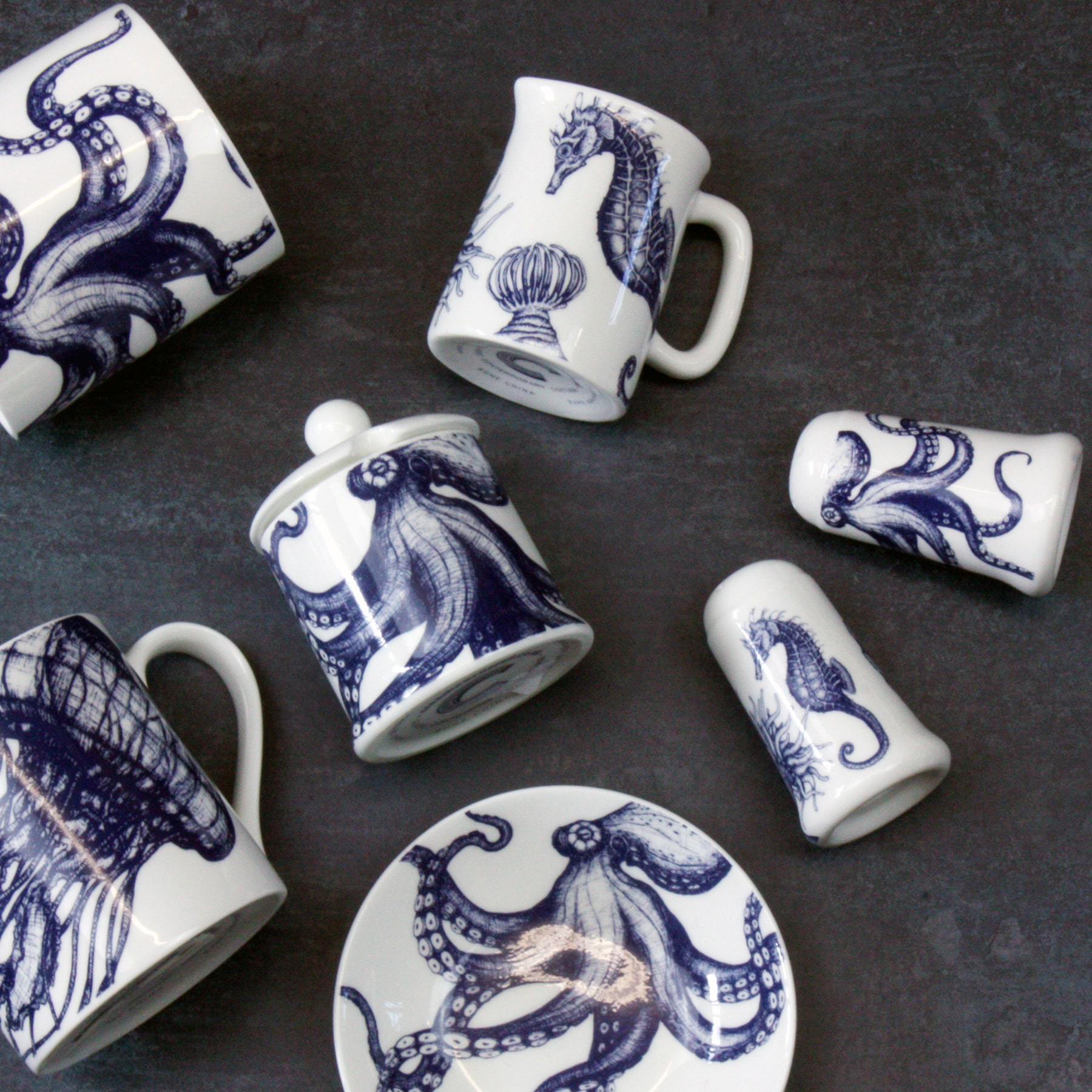 Bone china salt an pepper pots in our classic navy and white.Salt has seahorse, shell and an anenome on and the pepper has an octopus.They are both lying on a table also lying on the table is a seahorse jug and an octopus jam pot, octopus nibbles dish and some mugs all seen from an aerial view