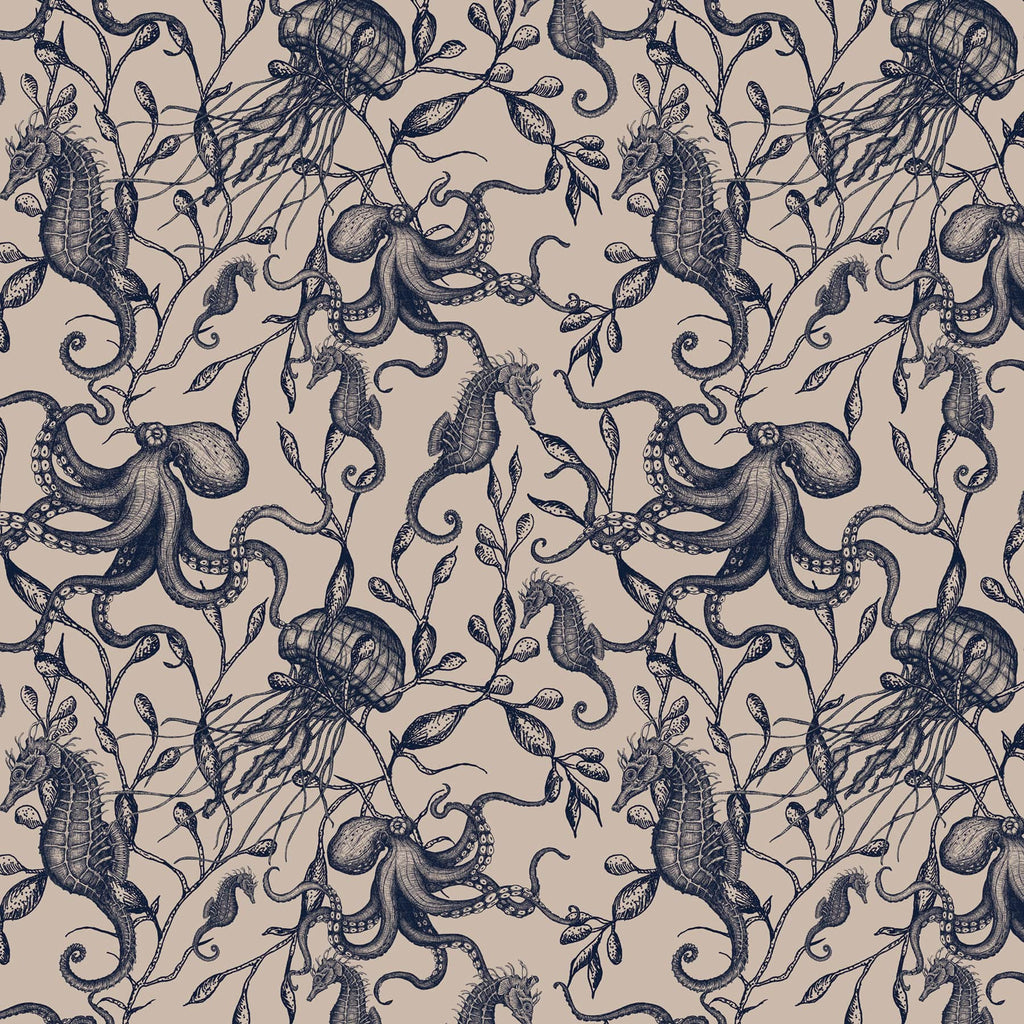 Seamless repeating fabric pattern featuring detailed navy blue illustrations of marine life on a natural beige background. The design includes octopuses, seahorses, jellyfish, and flowing seaweed, arranged in a symmetrical, botanical style.