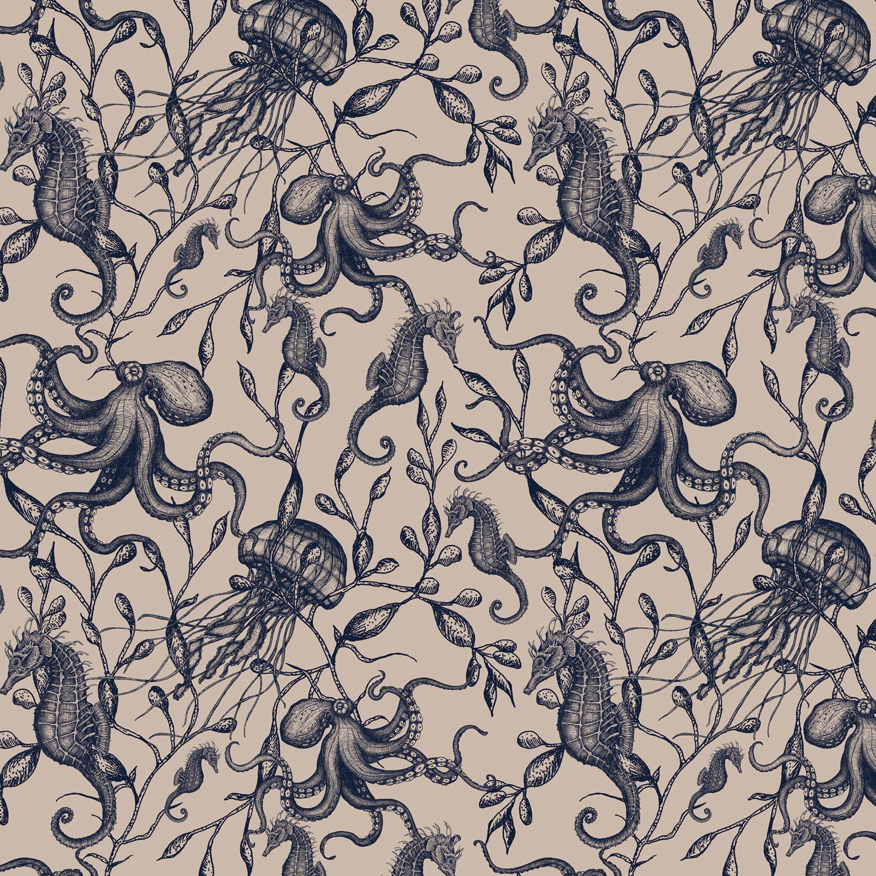 Seamless repeating fabric pattern featuring detailed navy blue illustrations of marine life on a natural beige background. The design includes octopuses, seahorses, jellyfish, and flowing seaweed, arranged in a symmetrical, botanical style.